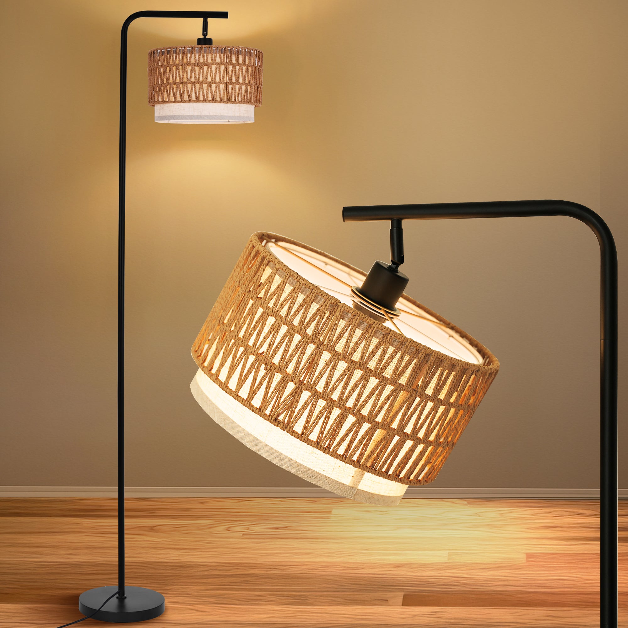 Rattan Floor Lamp Boho Floor Lamps for Living Room with Rattan & Fabric Shades, Foot Switch Control, Easy Assembly Tall Black Floor Lamp for Bedroom Office, Bulb not Included