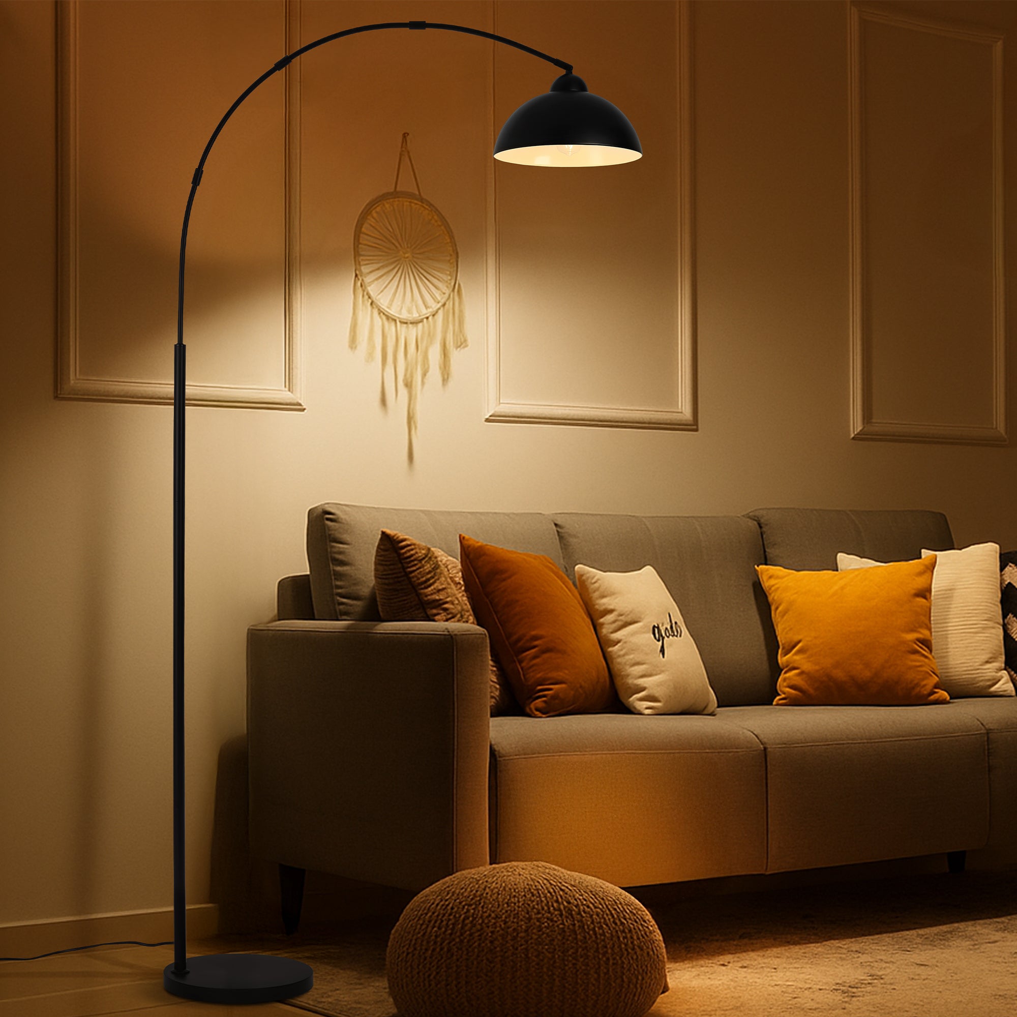Arc Lamp Floor Lamp Living Room - Warm Light Atmosphere for Reading & Relaxing, 5 Minute Assembly, Heavy Metal Base (5 kg), Swivelling Aluminium Lampshade, Without Bulb, Black