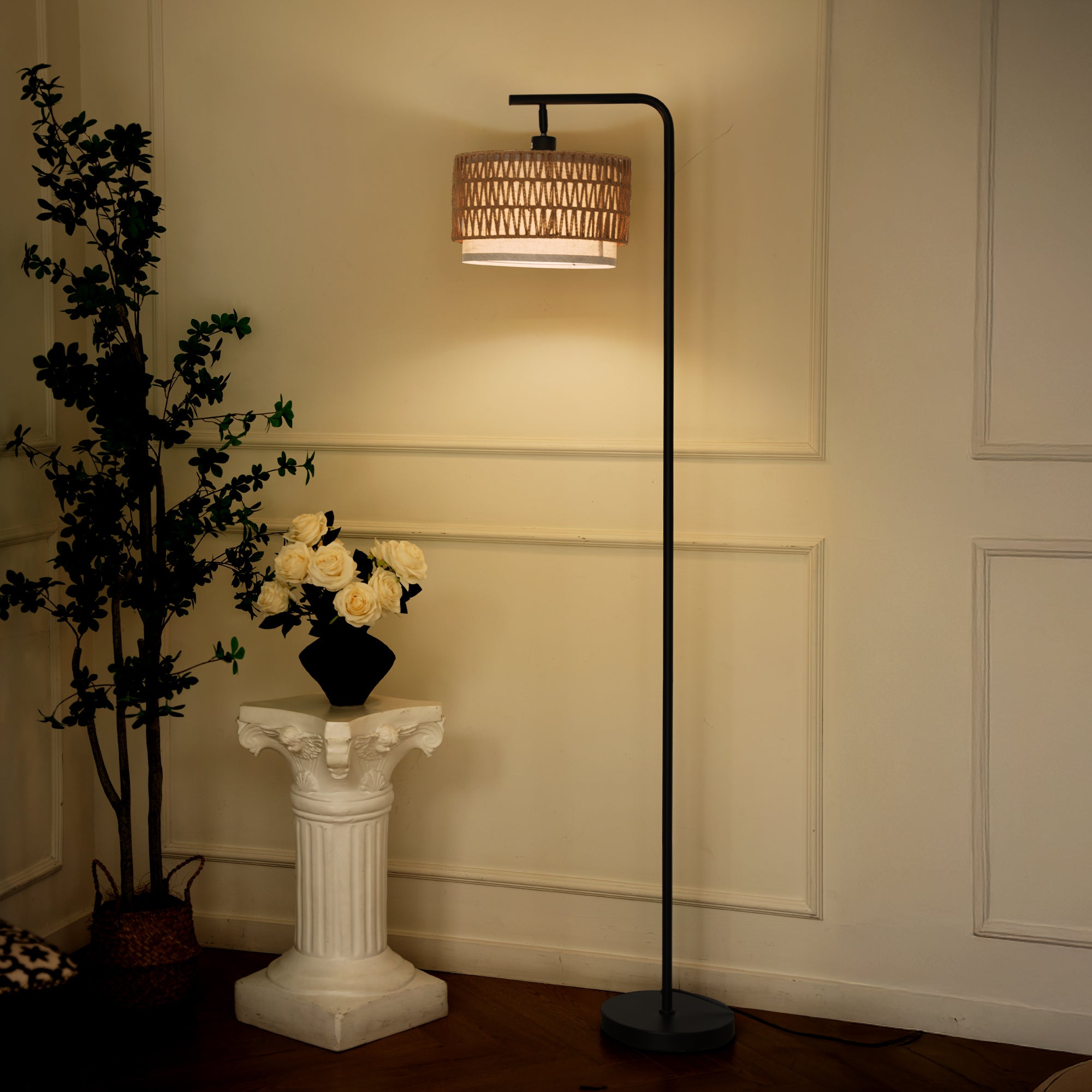 Rattan Floor Lamp Boho Floor Lamps for Living Room with Rattan & Fabric Shades, Foot Switch Control, Easy Assembly Tall Black Floor Lamp for Bedroom Office, Bulb not Included