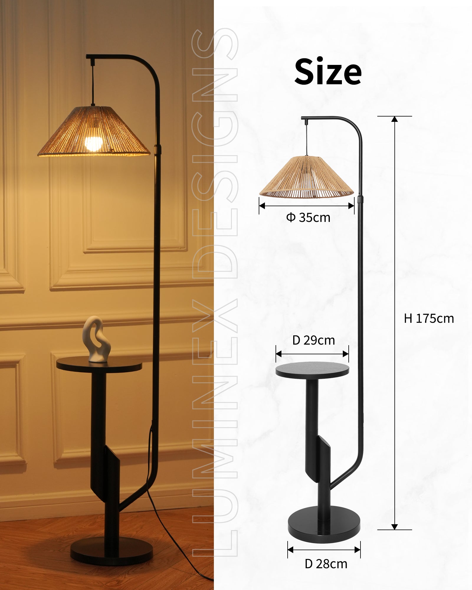 LuminexDesigns Stehlampe Wohnzimmer Rattan mit Ablage – Boho Stehleuchte E27 mit gewebtem Lampenschirm, 3 Farbtemperaturen einstellbar per Fußschalter, 175cm hoch für Schlafzimmer Ecke