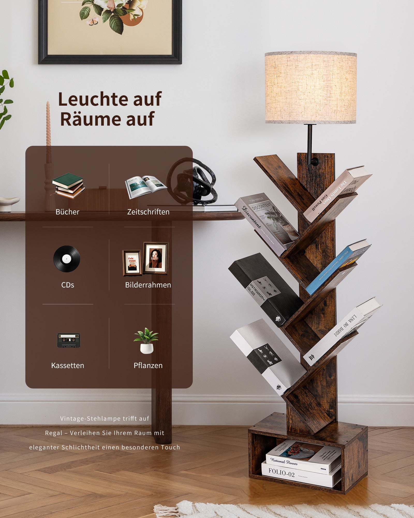Tree Shaped Floor Lamp with Bookshelf E27 Base for Living Room Bedroom Office Without Bulb