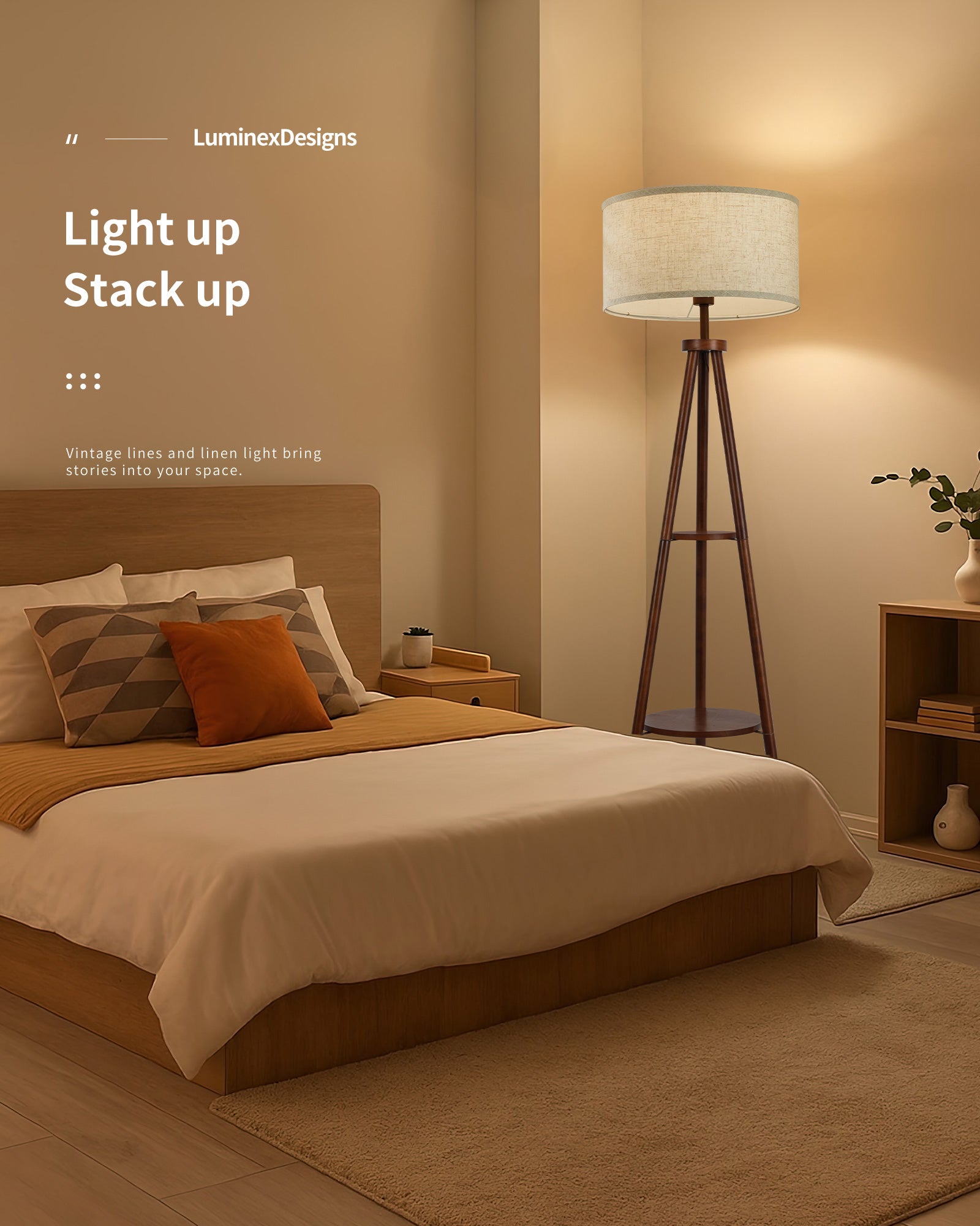 Tripod Floor Lamp with Linen Lampshade, 2-Tier Storage Shelf Standing Lamp with Foot Switch, Smart Bulb Compatible, Floor Standing Lamp for Living Room and Bedroom（ Bulb Not Included）
