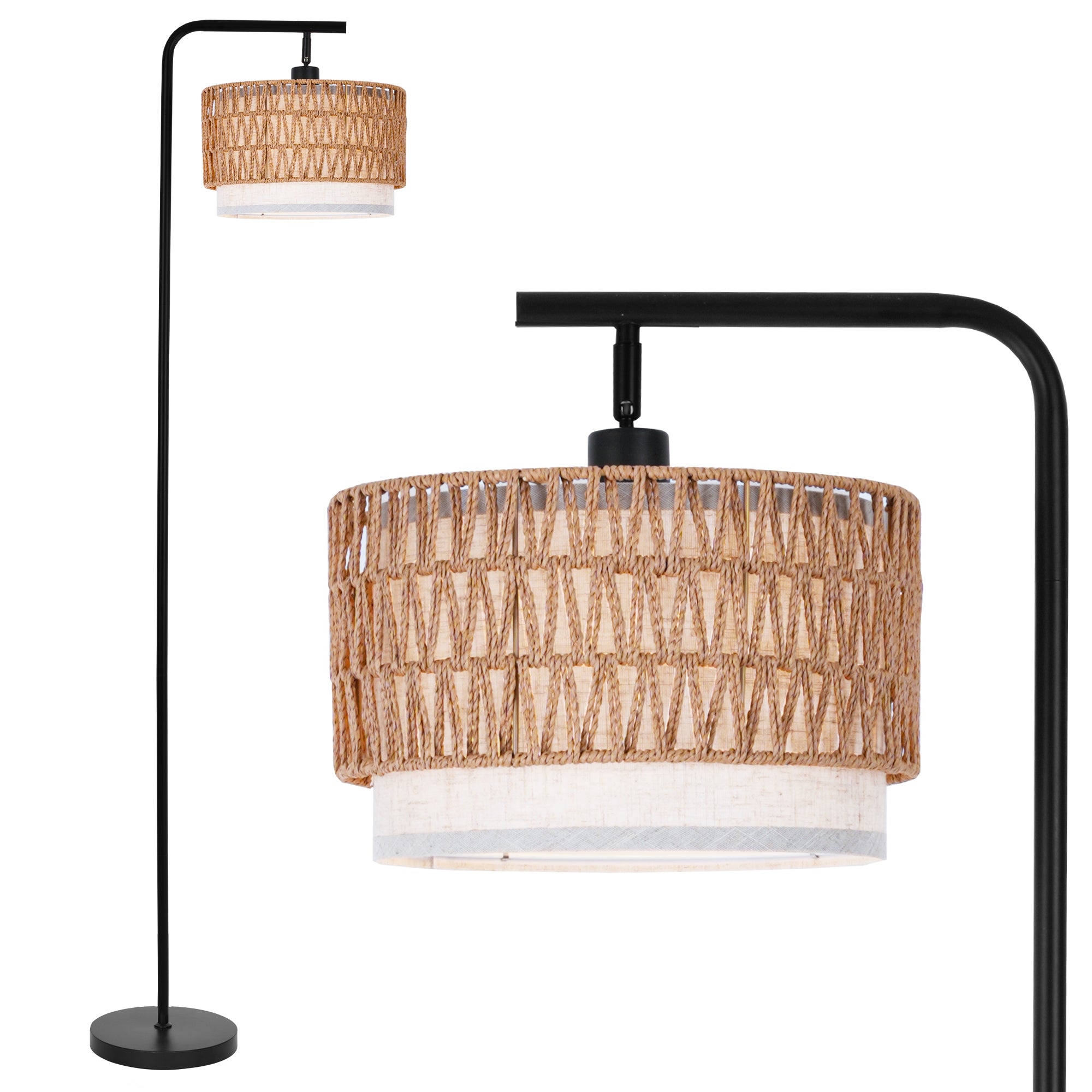 Rattan Floor Lamp Boho Floor Lamps for Living Room with Rattan & Fabric Shades, Foot Switch Control, Easy Assembly Tall Black Floor Lamp for Bedroom Office, Bulb not Included