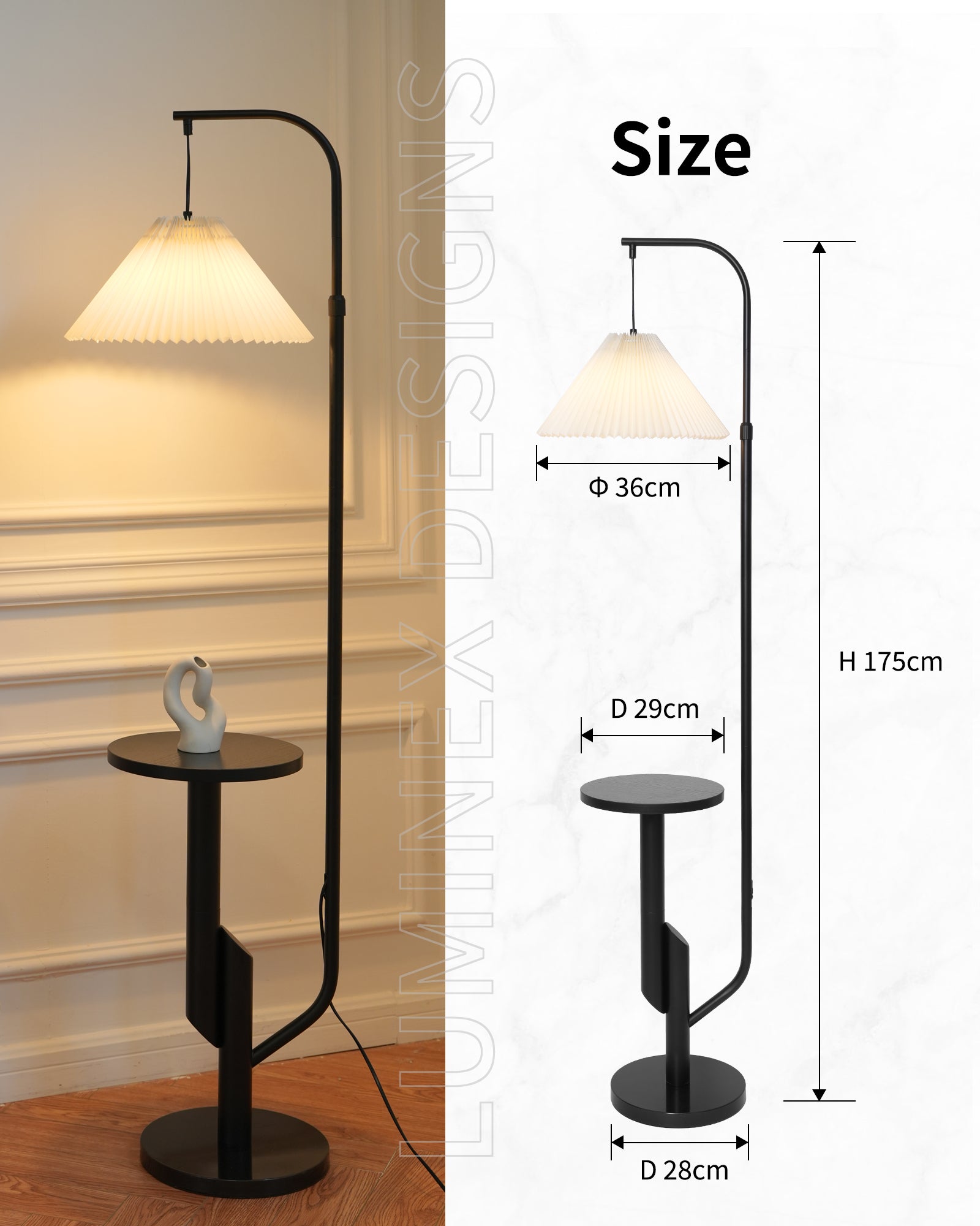 LuminexDesigns Stehlampe Wohnzimmer Modern mit Ablage – Skandinavische Stehleuchte E27 mit Weiß Lampenschirm, 3 Farbtemperaturen einstellbar per Fußschalter, 175cm hoch für Schlafzimmer Ecke