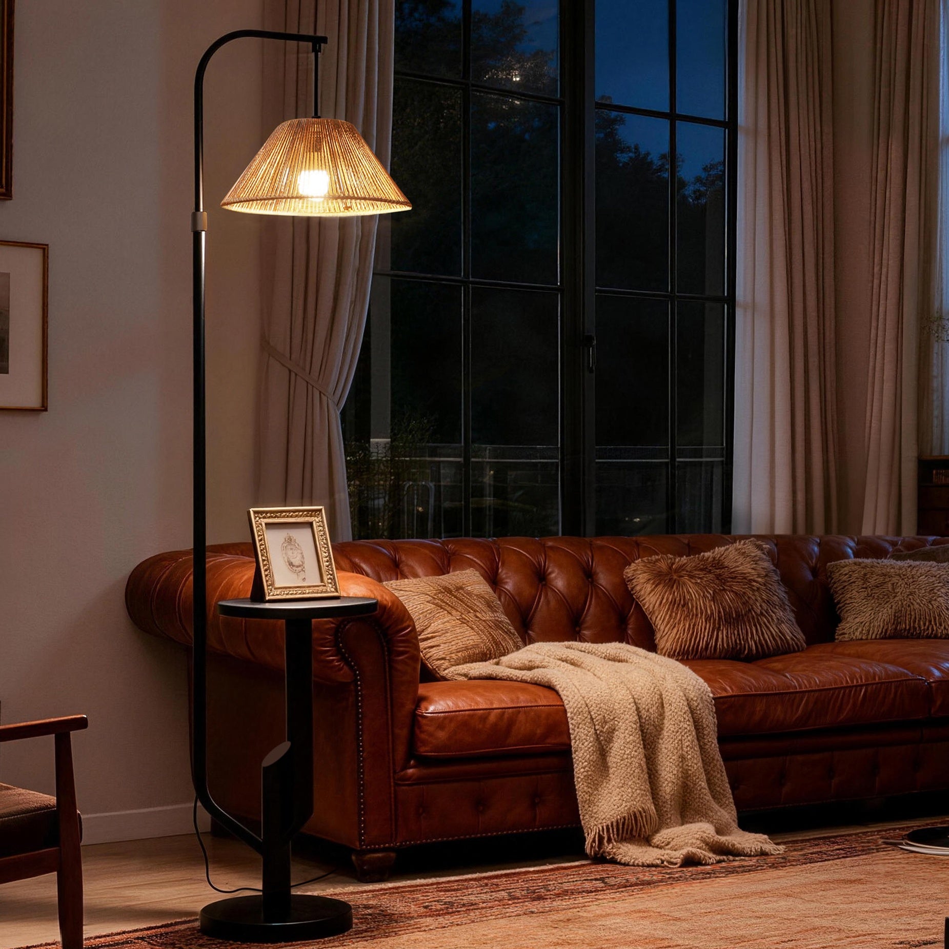LuminexDesigns Stehlampe Wohnzimmer Rattan mit Ablage – Boho Stehleuchte E27 mit gewebtem Lampenschirm, 3 Farbtemperaturen einstellbar per Fußschalter, 175cm hoch für Schlafzimmer Ecke