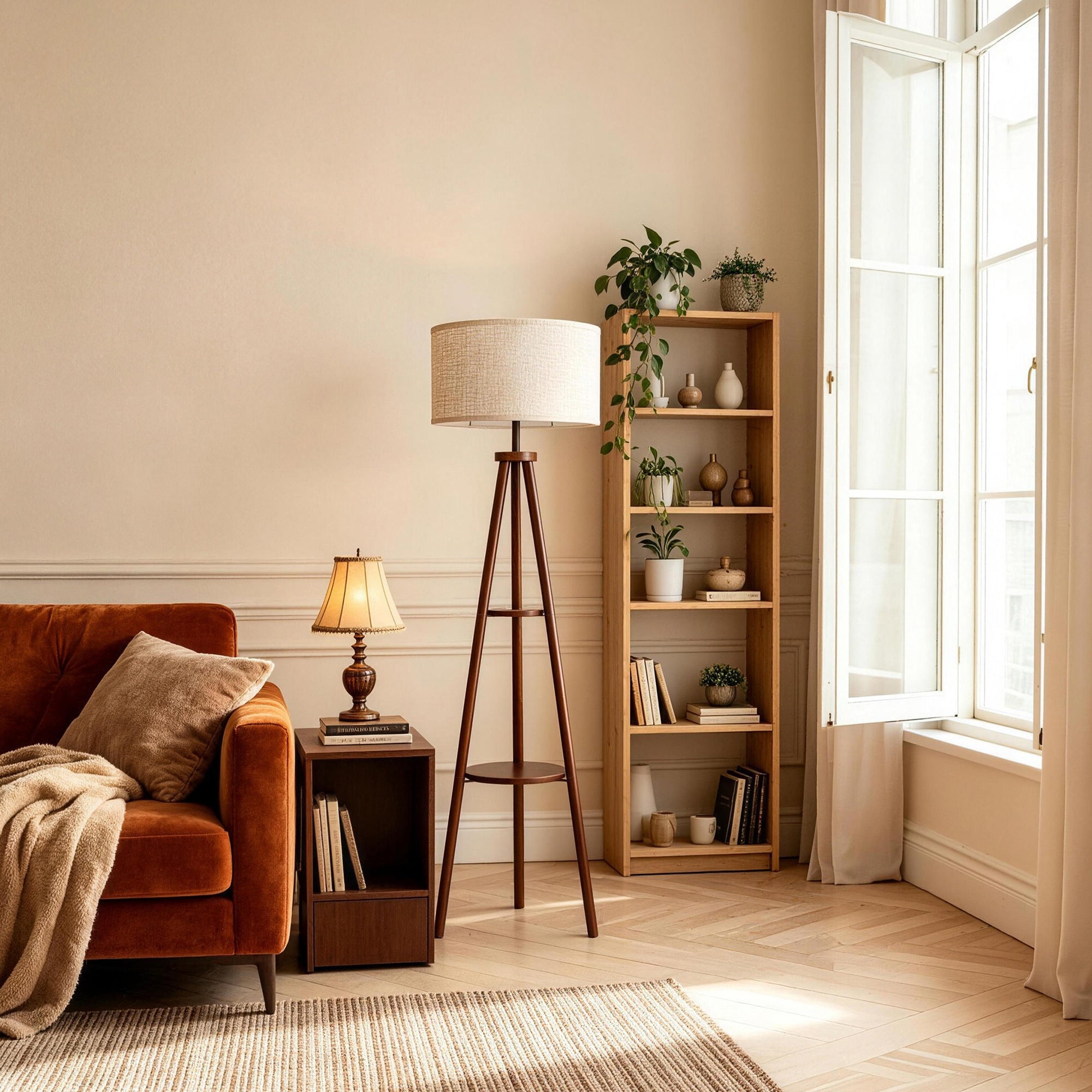 2-Tier Storage Shelf Linen Lampshade Floor Lamp WOVI FL03