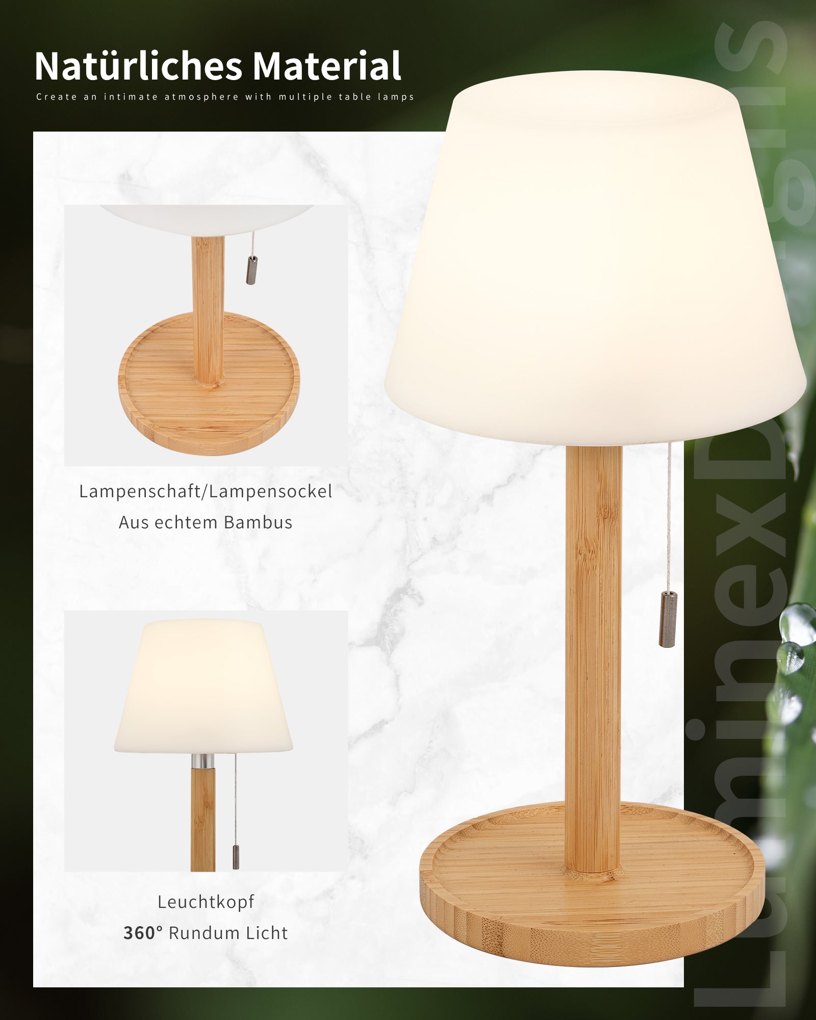 Wireless LED Table Lamp - Bedside Lamp with Zip Switch, 360° Luminous, USB-C Rechargeable, 5200 mAh Battery, 3000 K/4000 K/6000 K, Natural Bamboo, for Bedroom, Living Room