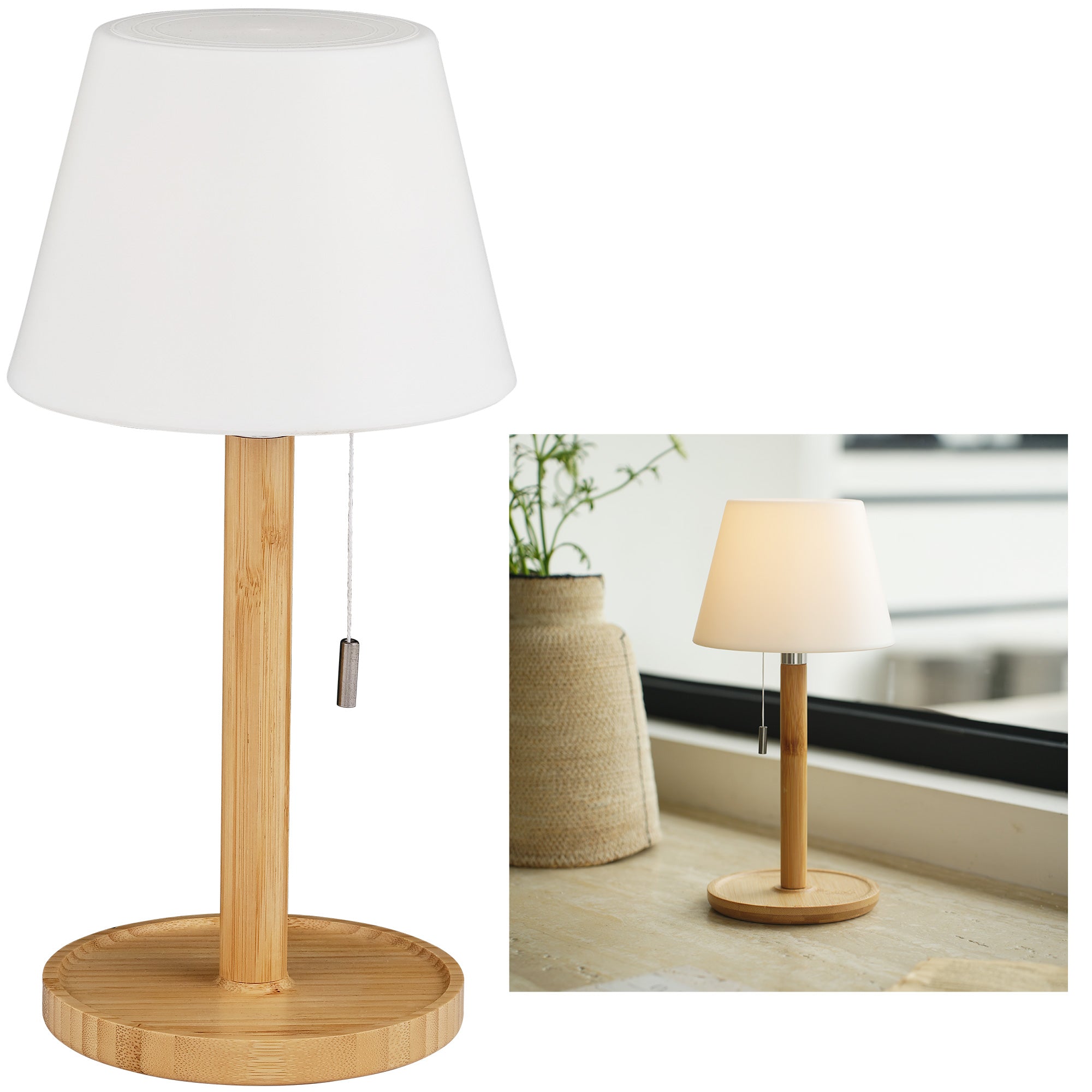 Wireless LED Table Lamp - Bedside Lamp with Zip Switch, 360° Luminous, USB-C Rechargeable, 5200 mAh Battery, 3000 K/4000 K/6000 K, Natural Bamboo, for Bedroom, Living Room