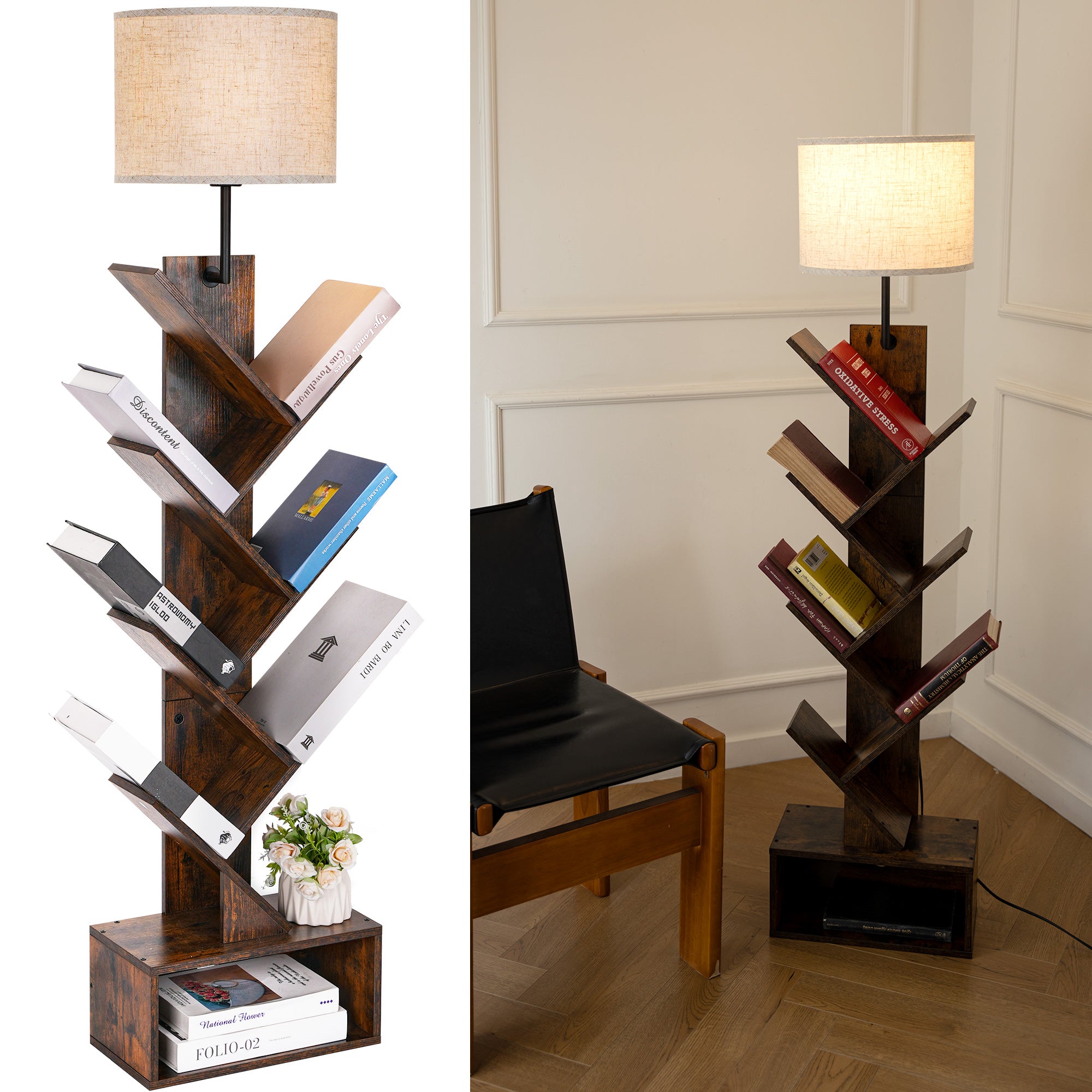 Tree Shaped Floor Lamp with Bookshelf E27 Base for Living Room Bedroom Office Without Bulb