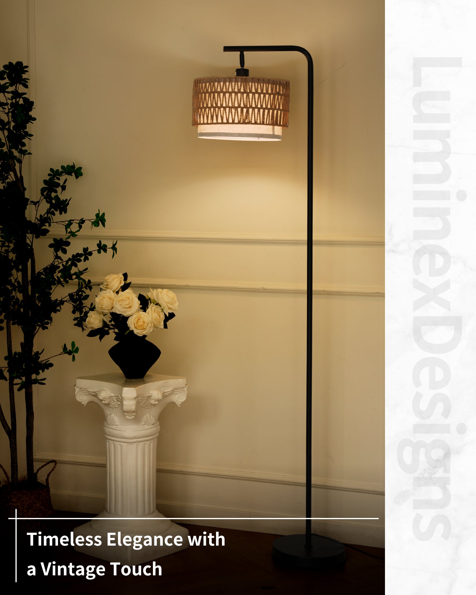 Rattan Floor Lamp Boho Floor Lamps for Living Room with Rattan & Fabric Shades, Foot Switch Control, Easy Assembly Tall Black Floor Lamp for Bedroom Office, Bulb not Included