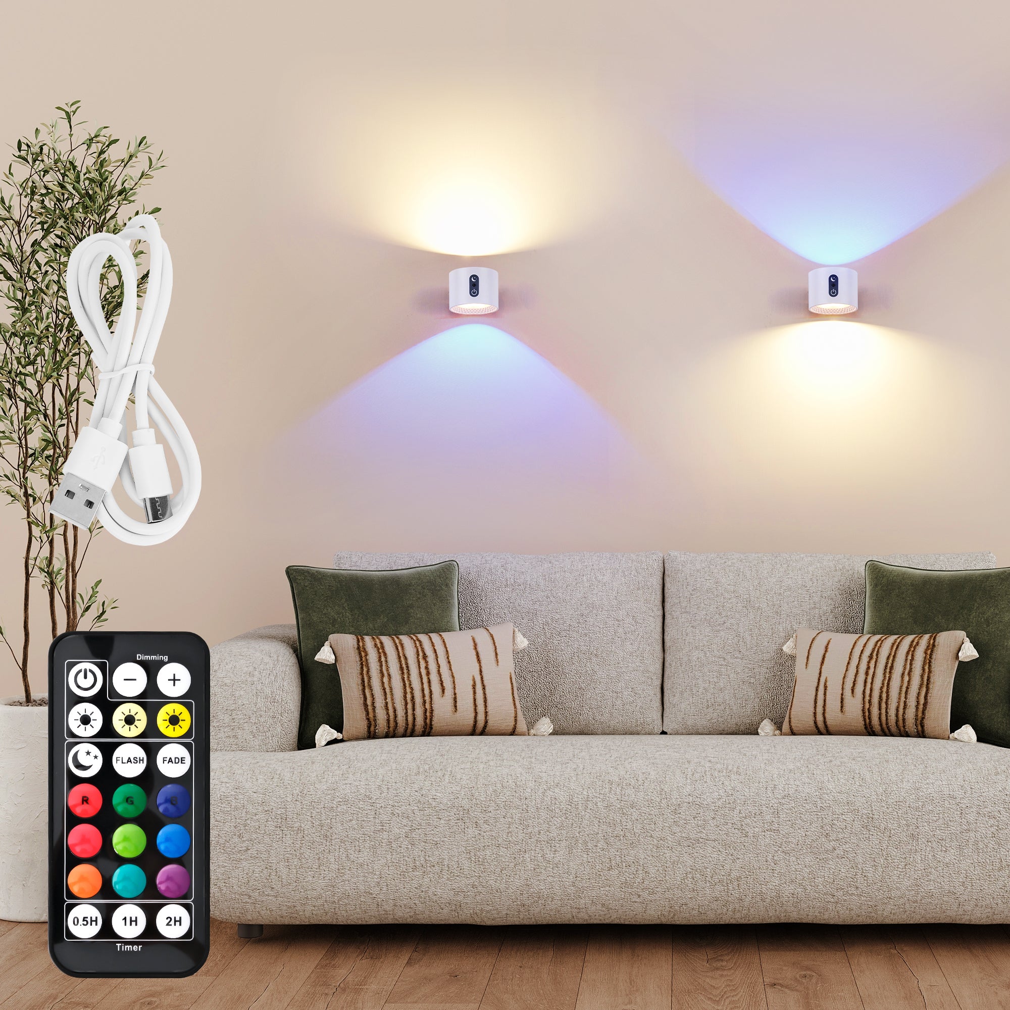 LED Indoor Wall Light, Battery, Wireless Wall Lamp, Dimmable with Remote Control, UP and Down Wall Light, 360° Rotatable Rechargeable for Stairs, Living Room, Bedroom, White