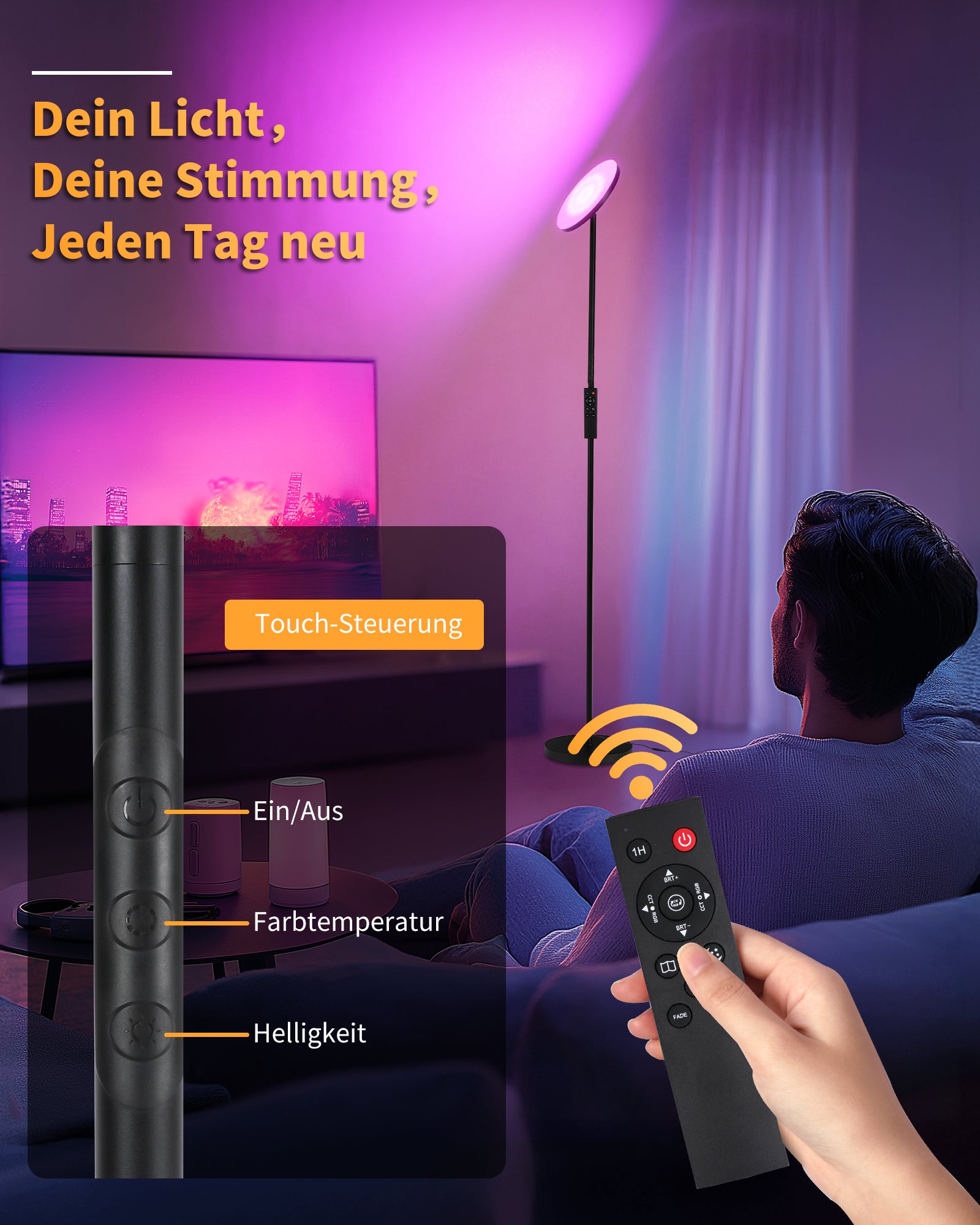 LED Floor Lamp Ceiling Floodlight, 36 W Super Bright Dimmable Floor Lamp 2700 K - 6500 K RGB Continuous Dimming, Remote Control and Touch Control for Living Room Bedroom Office