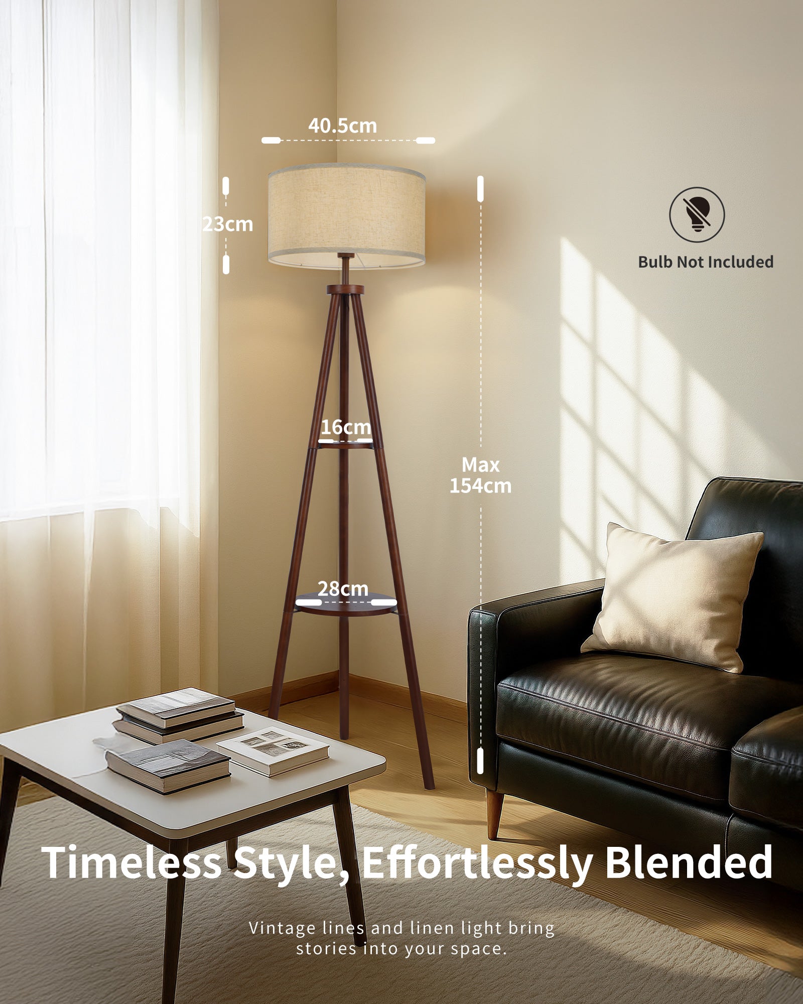 Tripod Floor Lamp with Linen Lampshade, 2-Tier Storage Shelf Standing Lamp with Foot Switch, Smart Bulb Compatible, Floor Standing Lamp for Living Room and Bedroom（ Bulb Not Included）