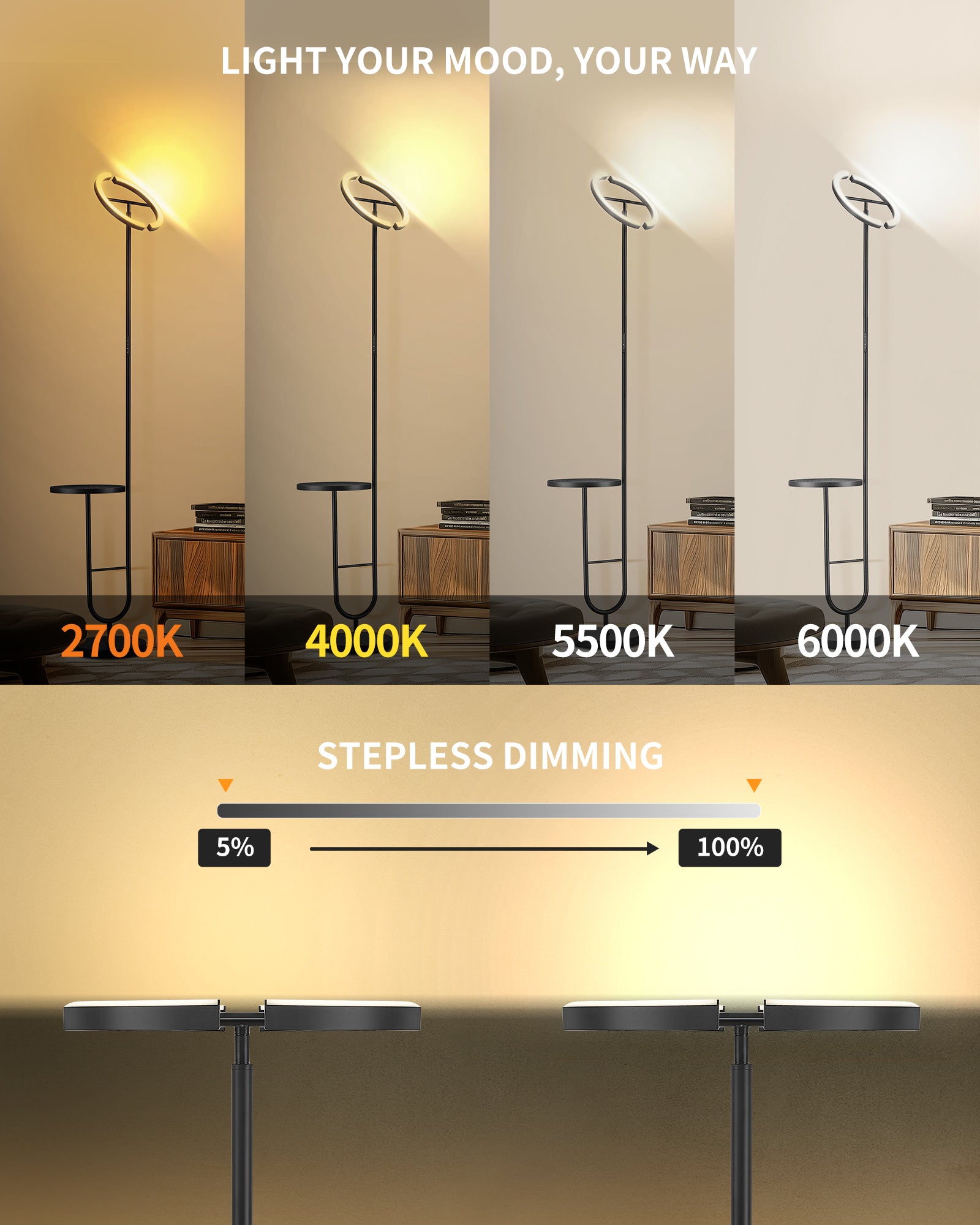 36W LED-Stehleuchte, dimmbar 2700K-6500K, 350° drehbares Hauptlicht, integrierter Tisch, 360° flexibles Seitenlicht, Fernbedienung und Touch-Steuerung, für Wohnzimmer und Schlafzimmer