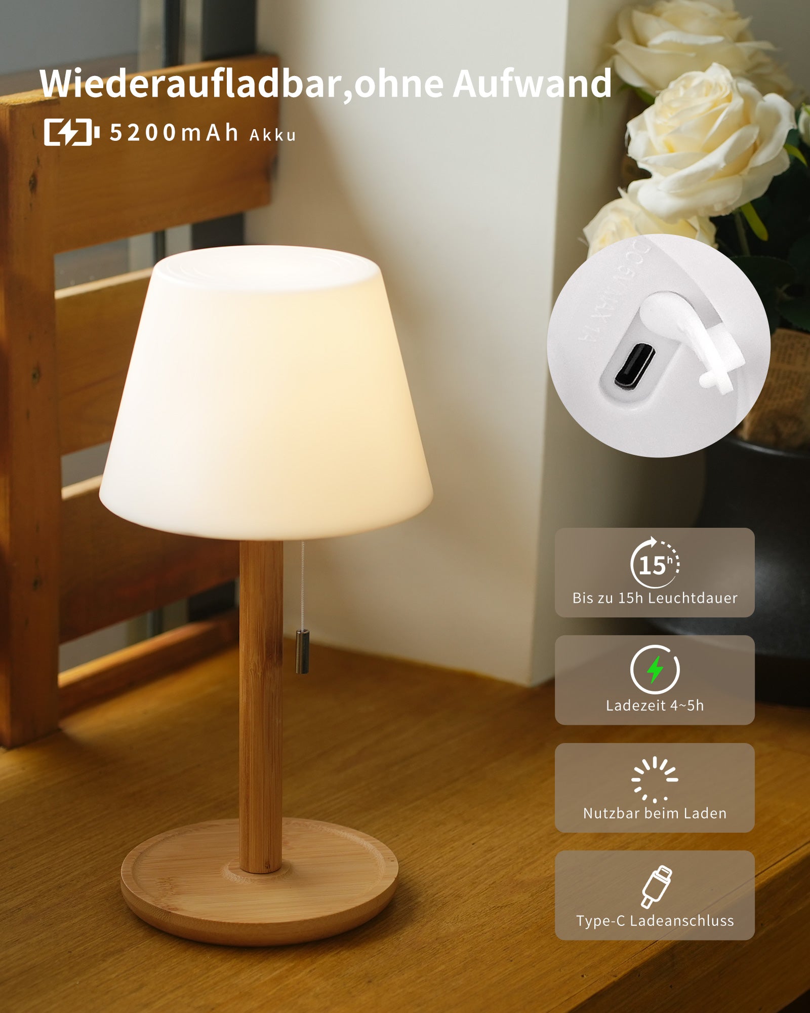 Wireless LED Table Lamp - Bedside Lamp with Zip Switch, 360° Luminous, USB-C Rechargeable, 5200 mAh Battery, 3000 K/4000 K/6000 K, Natural Bamboo, for Bedroom, Living Room