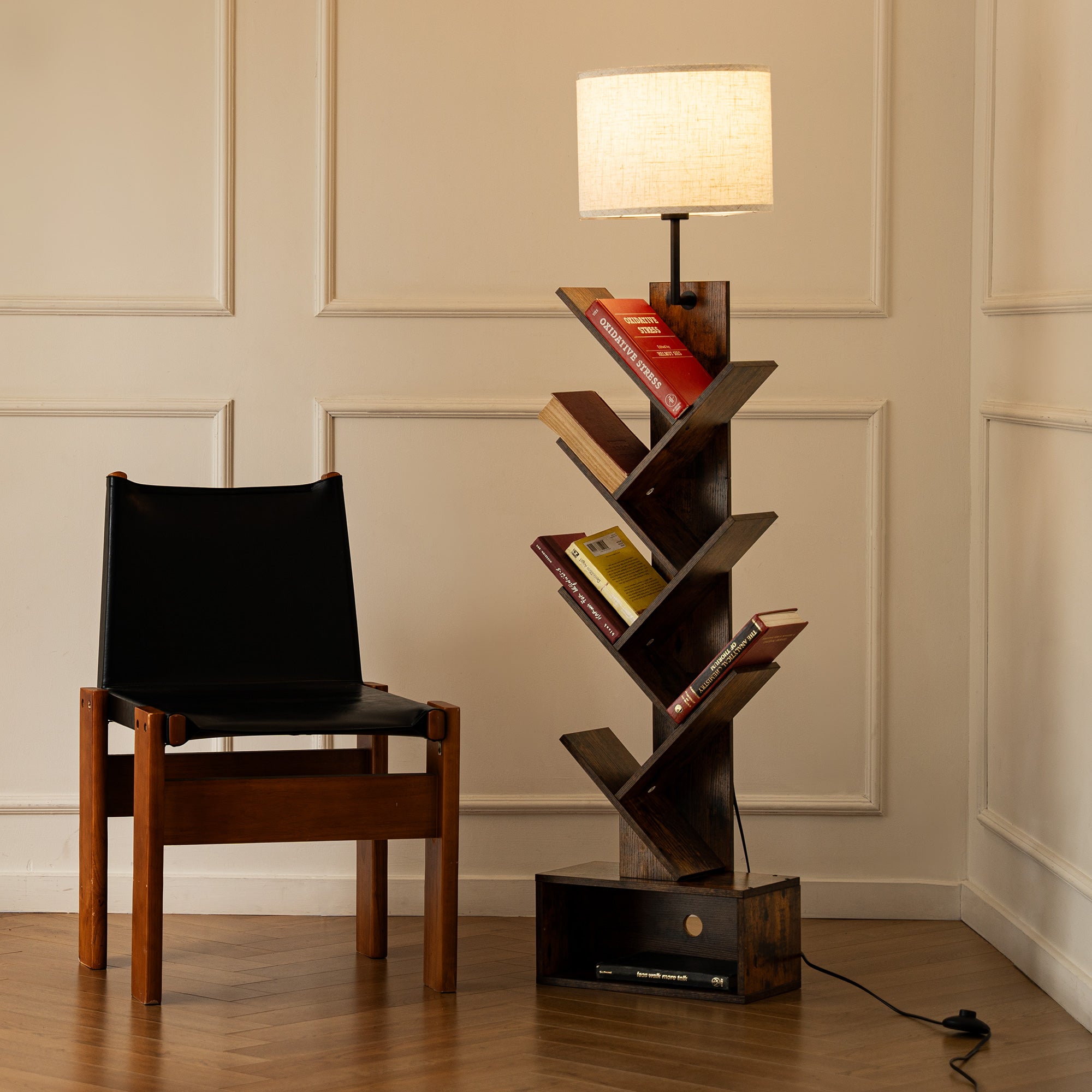 Tree Shaped Floor Lamp with Bookshelf E27 Base for Living Room Bedroom Office Without Bulb
