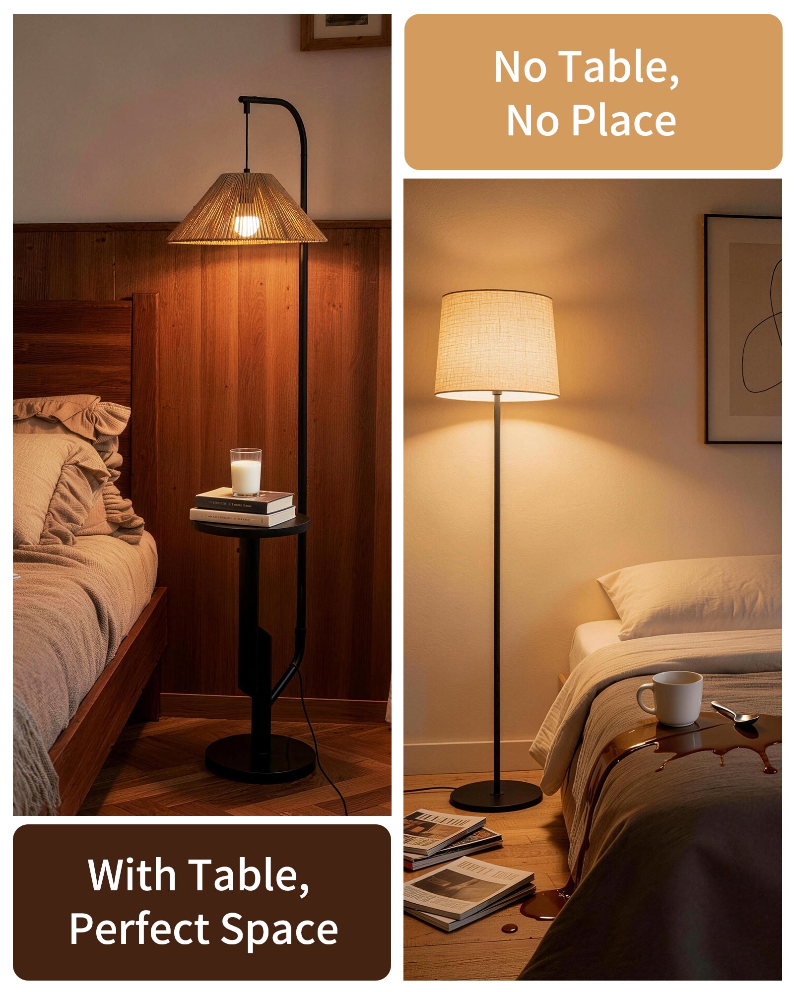 LuminexDesigns Stehlampe Wohnzimmer Rattan mit Ablage – Boho Stehleuchte E27 mit gewebtem Lampenschirm, 3 Farbtemperaturen einstellbar per Fußschalter, 175cm hoch für Schlafzimmer Ecke
