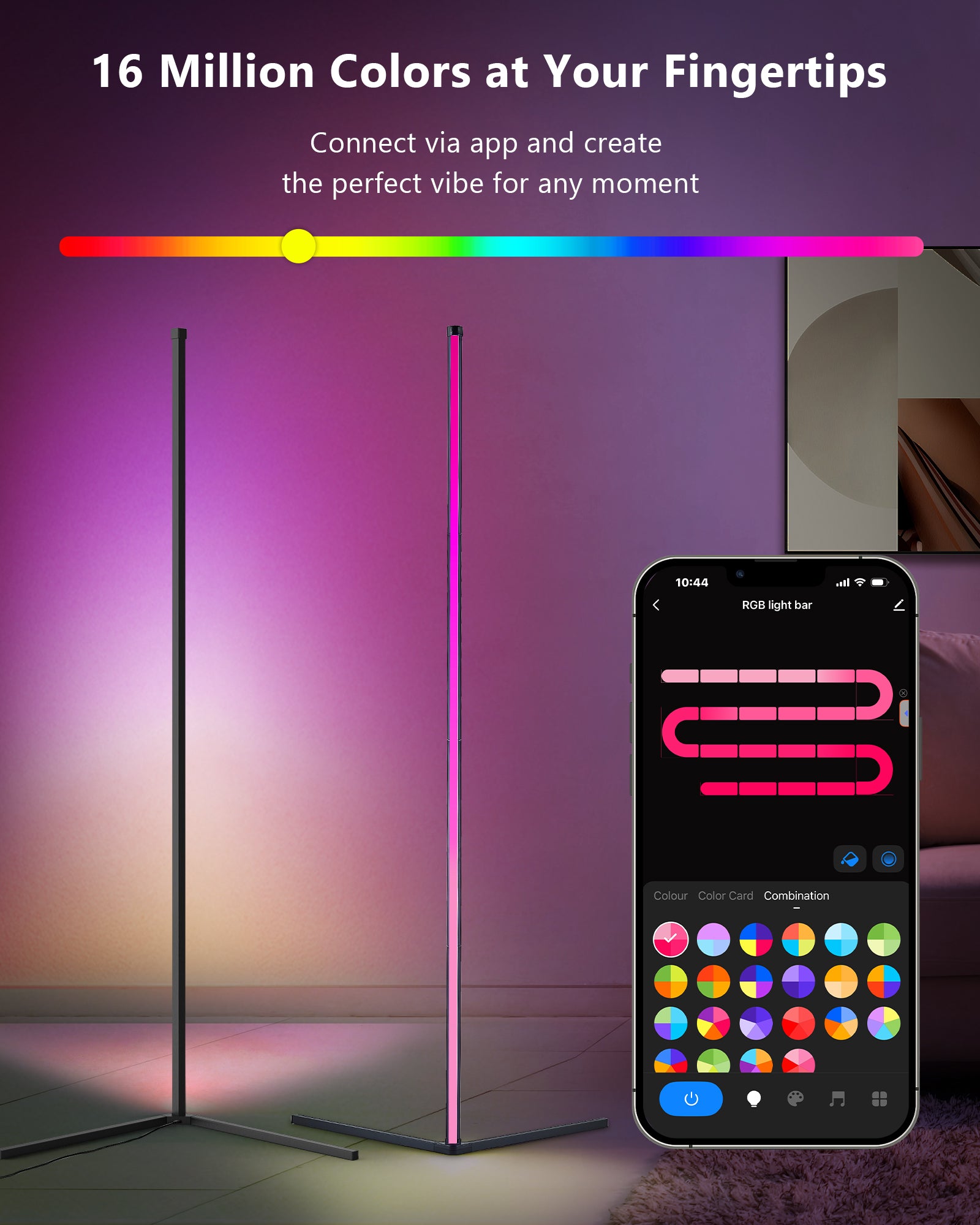Dimmbare LED Stehleuchte 150cm abnehmbar schwarz mit RGBIC – 16 Millionen Farben, Musikmodus, Timer &amp; 300 Szenenmodi für die perfekte Wohnzimmerbeleuchtung