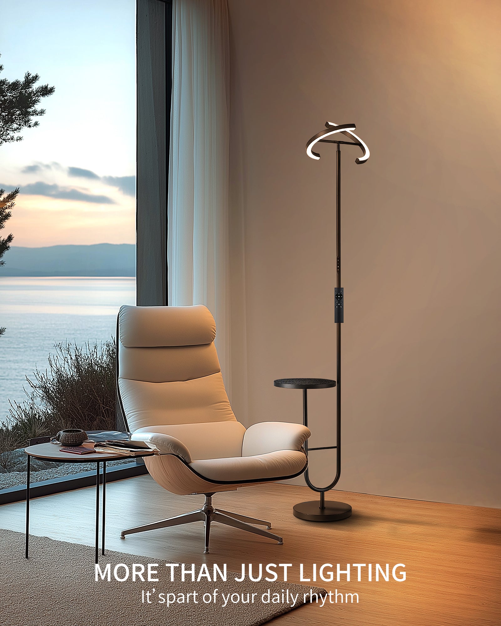 36W LED-Stehleuchte, dimmbar 2700K-6500K, 350° drehbares Hauptlicht, integrierter Tisch, 360° flexibles Seitenlicht, Fernbedienung und Touch-Steuerung, für Wohnzimmer und Schlafzimmer