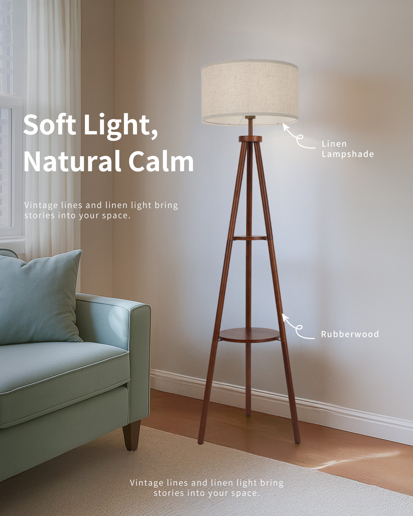 Tripod Floor Lamp with Linen Lampshade, 2-Tier Storage Shelf Standing Lamp with Foot Switch, Smart Bulb Compatible, Floor Standing Lamp for Living Room and Bedroom（ Bulb Not Included）