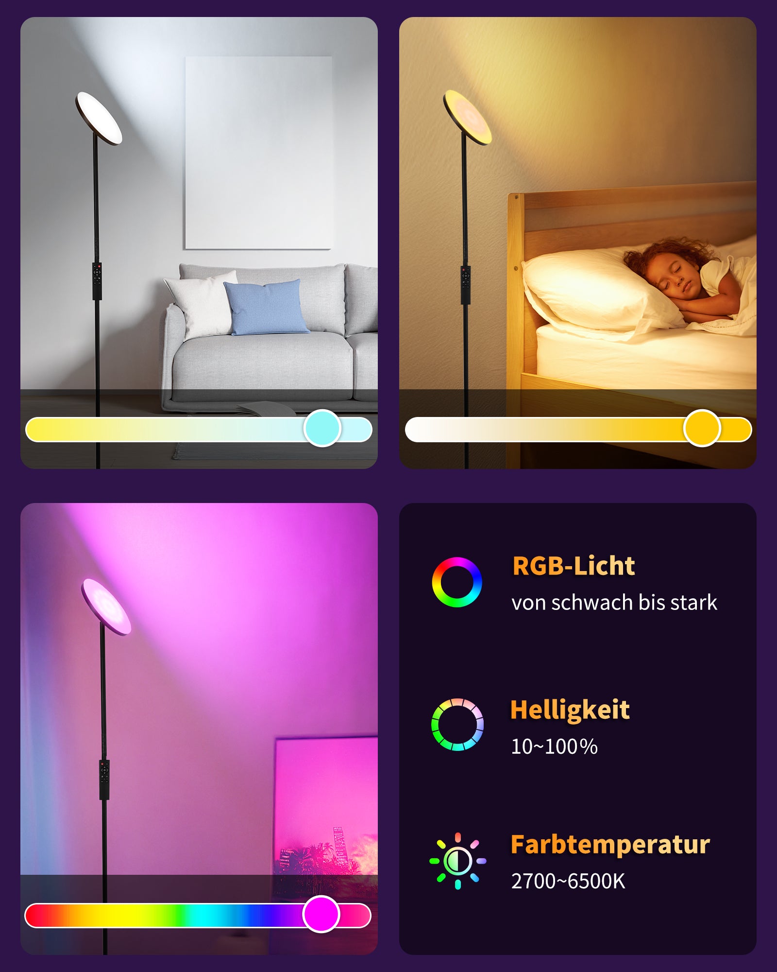 LED Floor Lamp Ceiling Floodlight, 36 W Super Bright Dimmable Floor Lamp 2700 K - 6500 K RGB Continuous Dimming, Remote Control and Touch Control for Living Room Bedroom Office