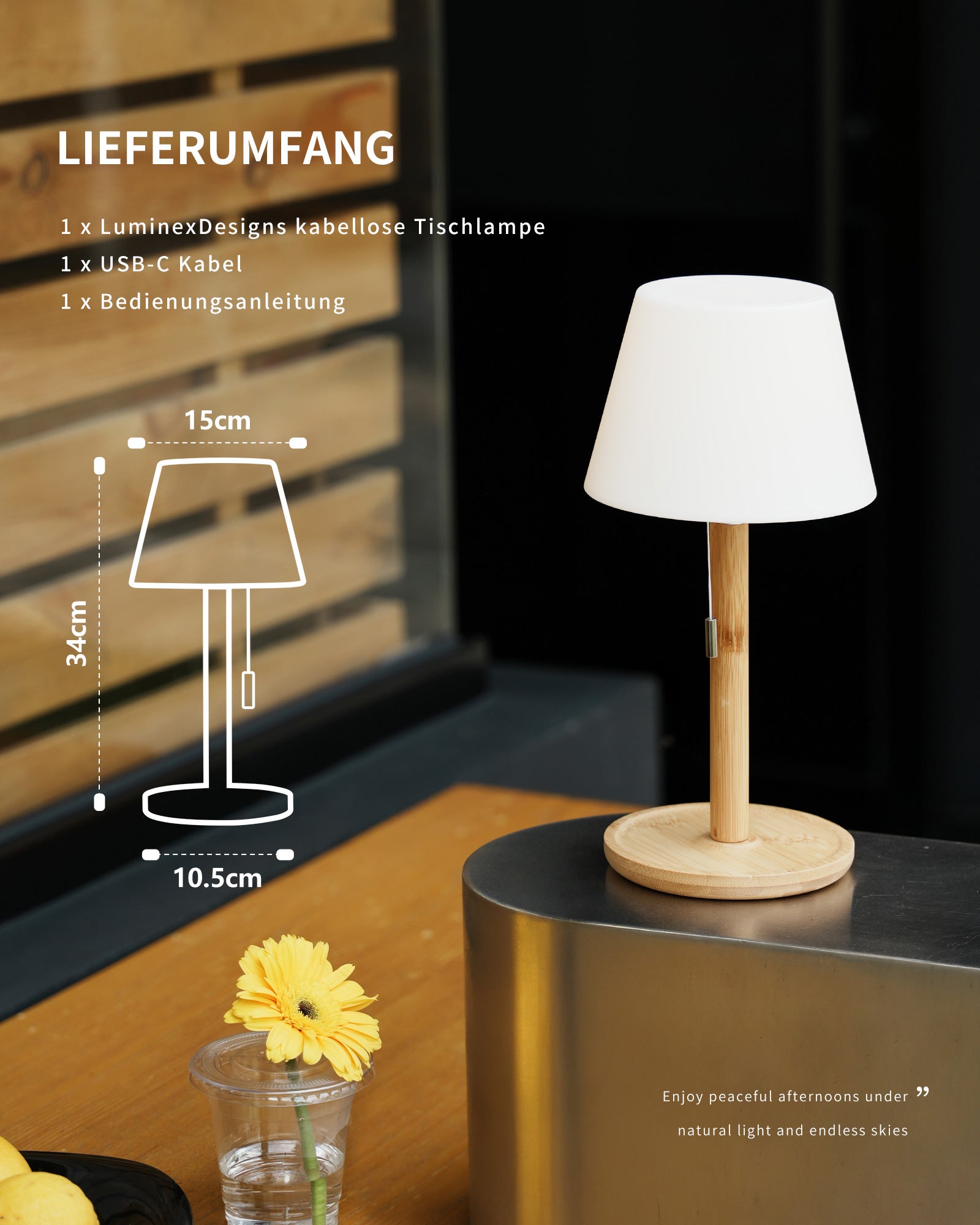 Wireless LED Table Lamp - Bedside Lamp with Zip Switch, 360° Luminous, USB-C Rechargeable, 5200 mAh Battery, 3000 K/4000 K/6000 K, Natural Bamboo, for Bedroom, Living Room