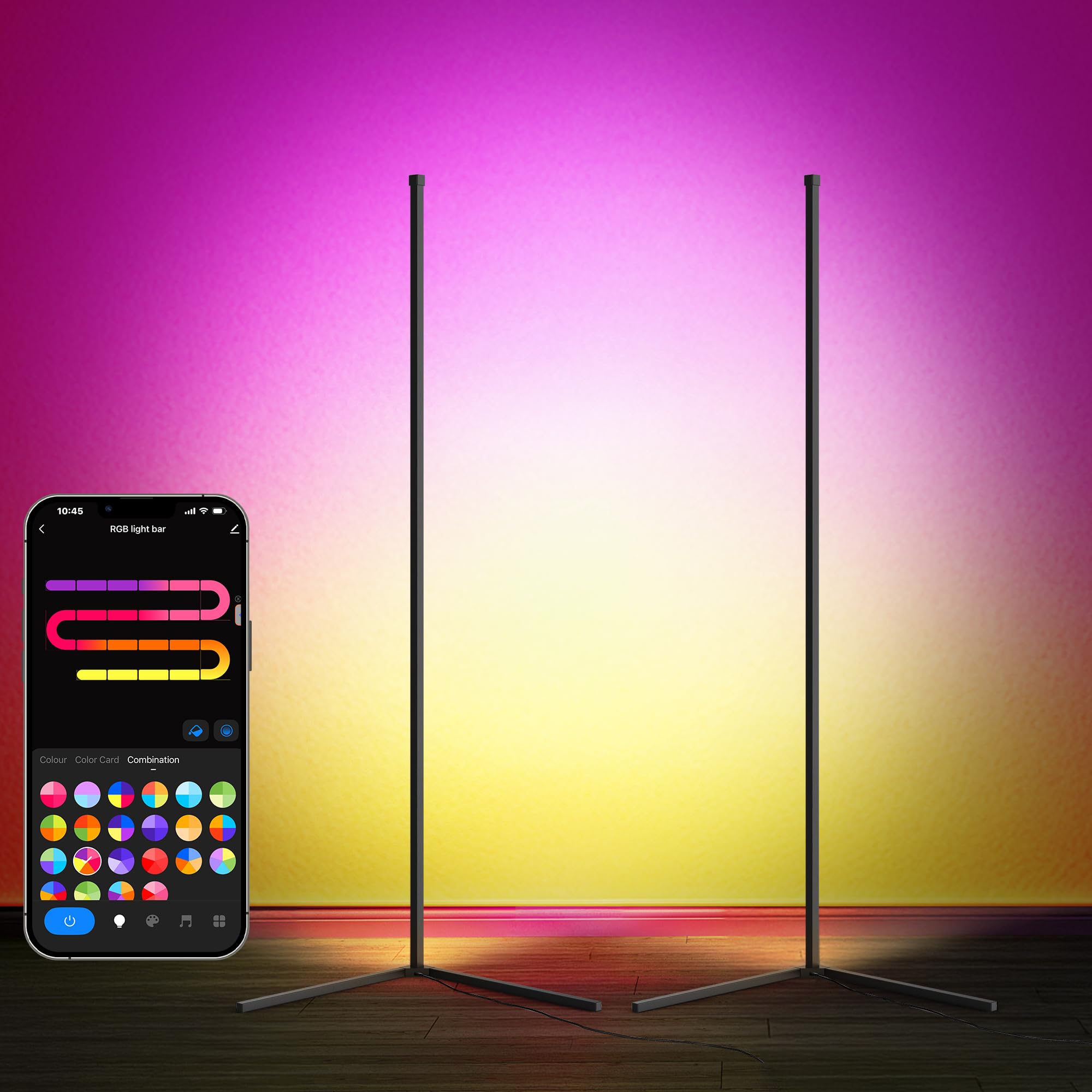 Dimmbare LED Stehleuchte 150cm abnehmbar schwarz mit RGBIC – 16 Millionen Farben, Musikmodus, Timer &amp; 300 Szenenmodi für die perfekte Wohnzimmerbeleuchtung