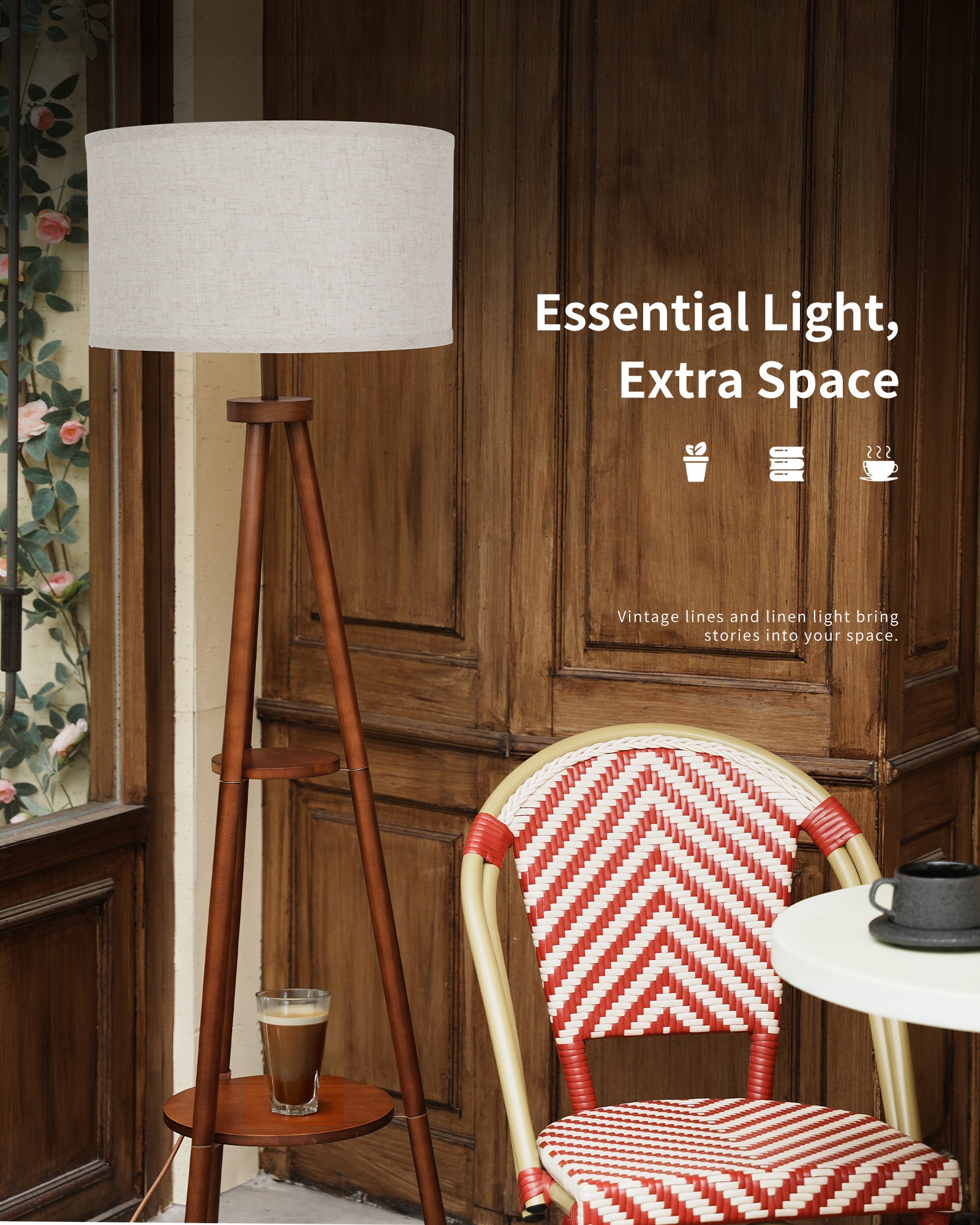 Tripod Floor Lamp with Linen Lampshade, 2-Tier Storage Shelf Standing Lamp with Foot Switch, Smart Bulb Compatible, Floor Standing Lamp for Living Room and Bedroom（ Bulb Not Included）