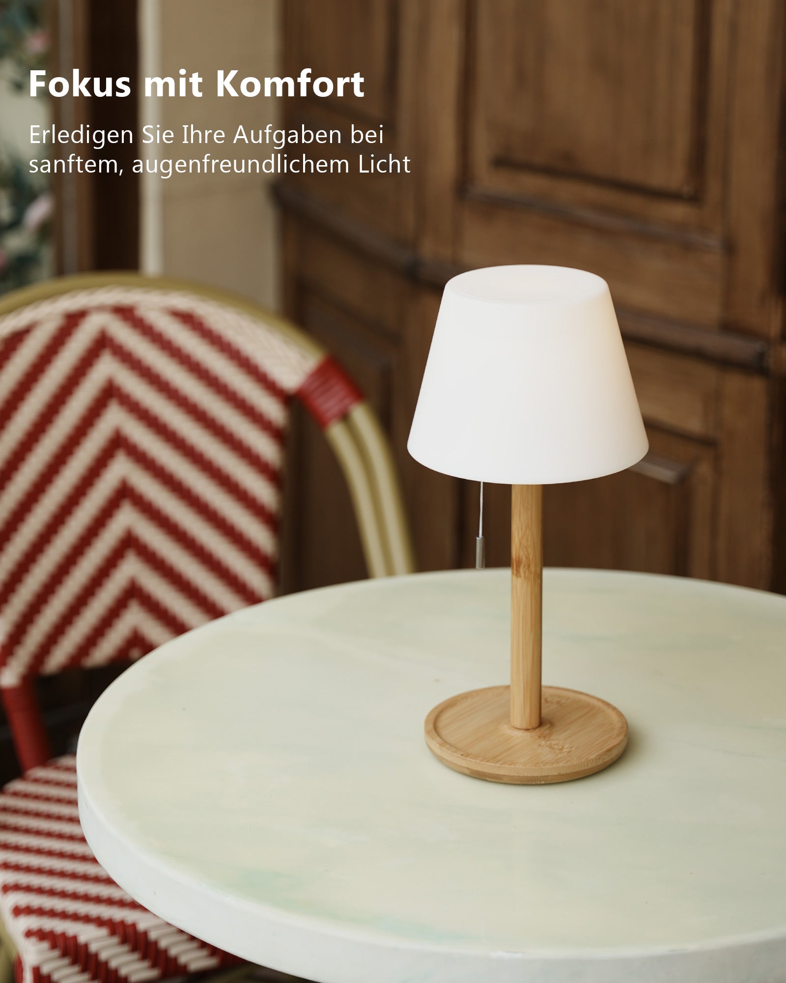 Wireless LED Table Lamp - Bedside Lamp with Zip Switch, 360° Luminous, USB-C Rechargeable, 5200 mAh Battery, 3000 K/4000 K/6000 K, Natural Bamboo, for Bedroom, Living Room