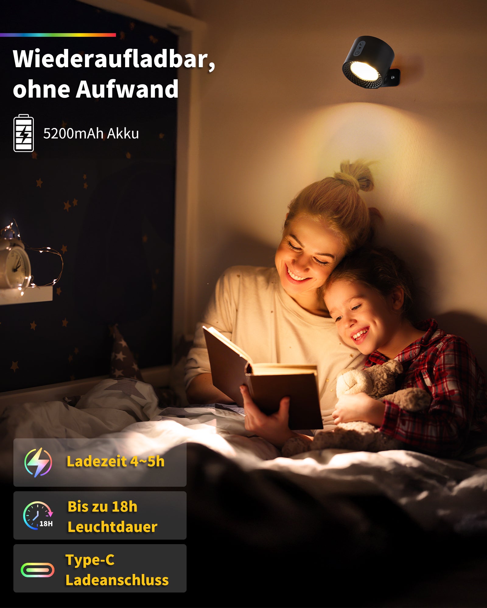 LED Wall Light Indoor Battery - Wireless Magnetic Wall Lamp RGB Black - Touch Dimmable with Remote Control - Rechargeable Lamp for Gluing, No Drilling, Electricity - for Bed Staircase