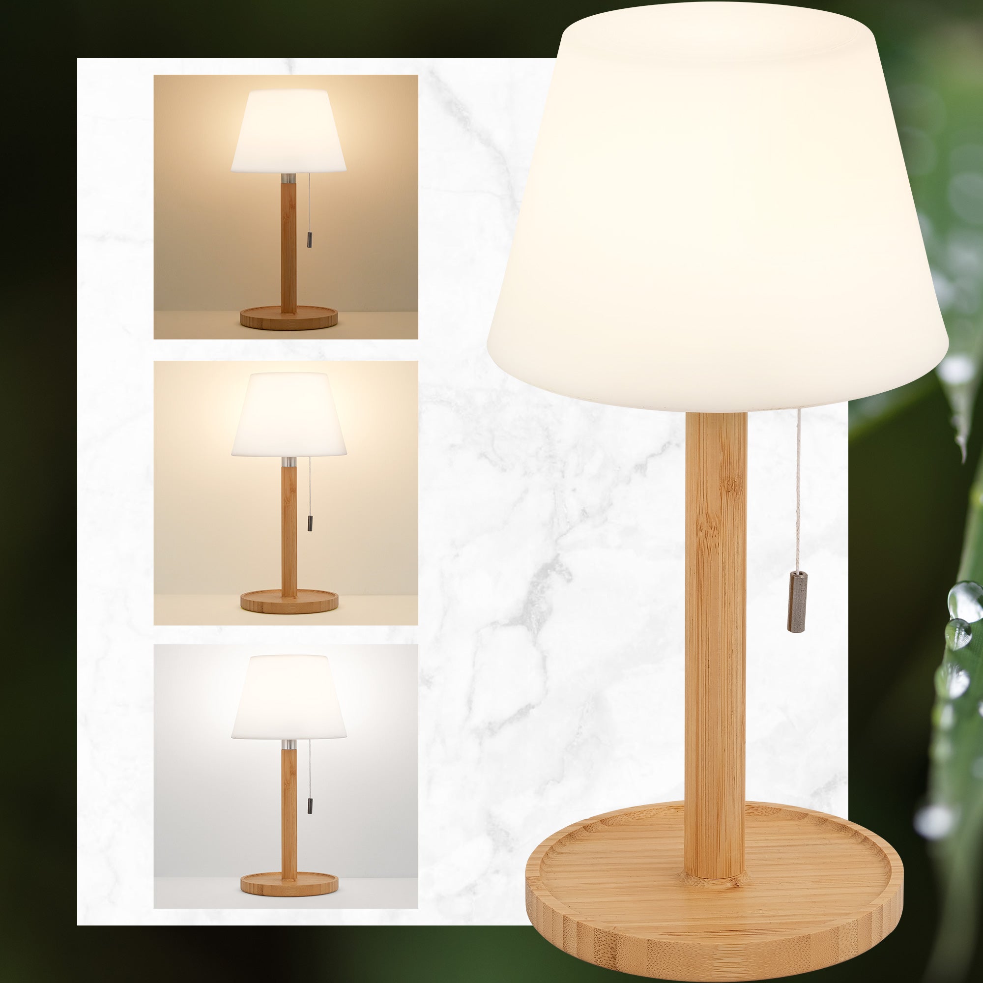 Wireless LED Table Lamp - Bedside Lamp with Zip Switch, 360° Luminous, USB-C Rechargeable, 5200 mAh Battery, 3000 K/4000 K/6000 K, Natural Bamboo, for Bedroom, Living Room