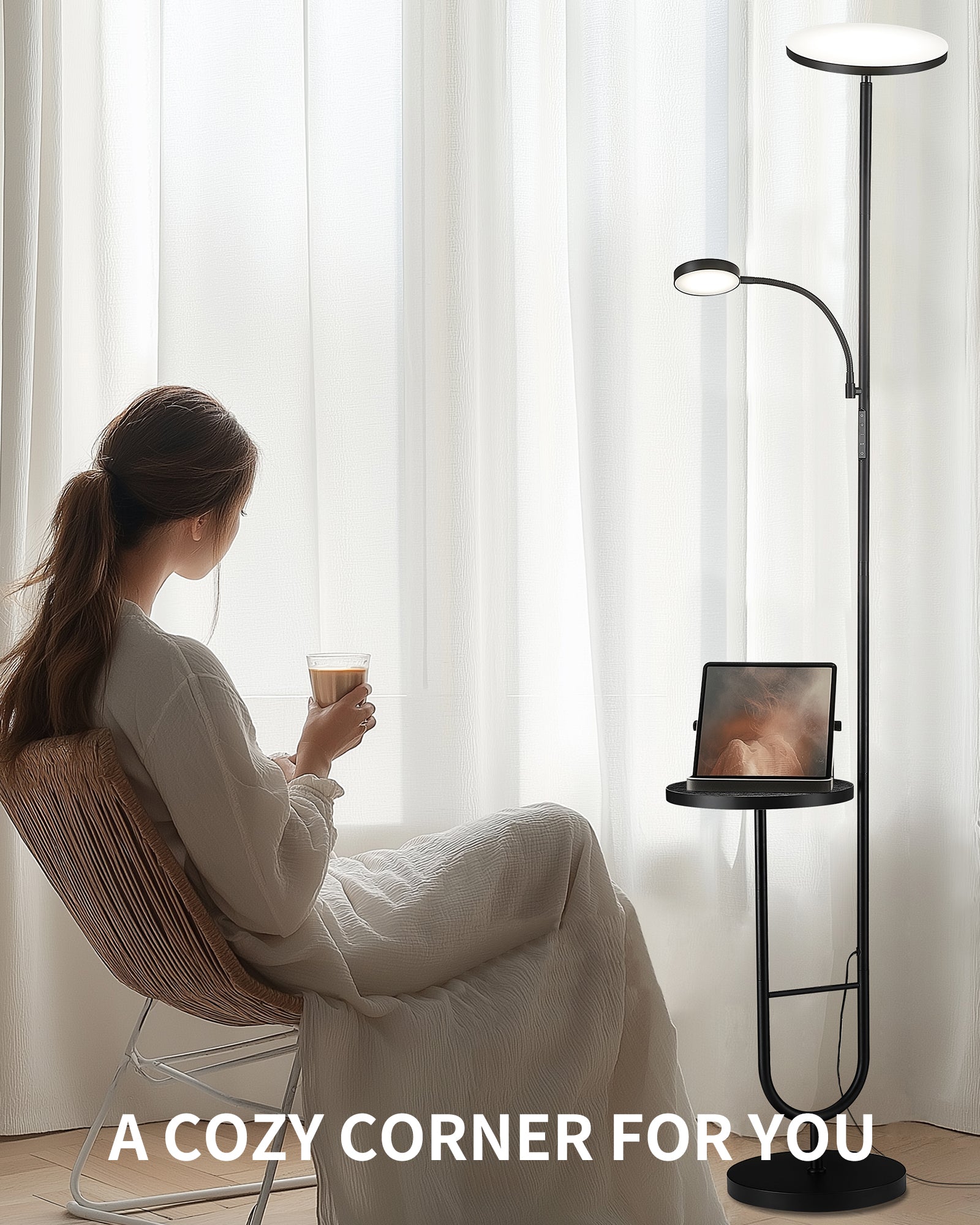 36W Dimmable LED Floor Lamp with 360° Gooseneck Side Light