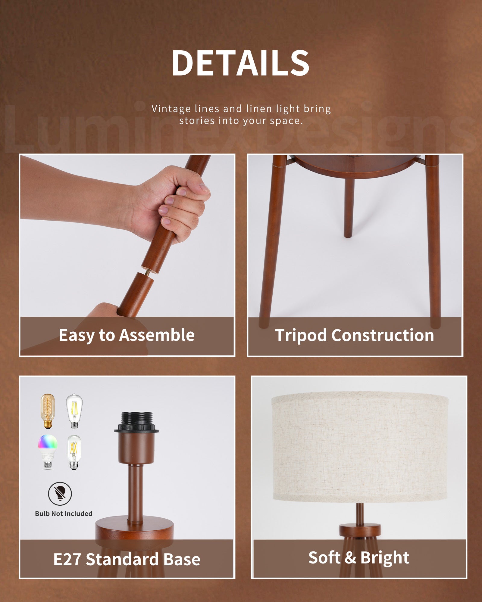 Tripod Floor Lamp with Linen Lampshade, 2-Tier Storage Shelf Standing Lamp with Foot Switch, Smart Bulb Compatible, Floor Standing Lamp for Living Room and Bedroom（ Bulb Not Included）
