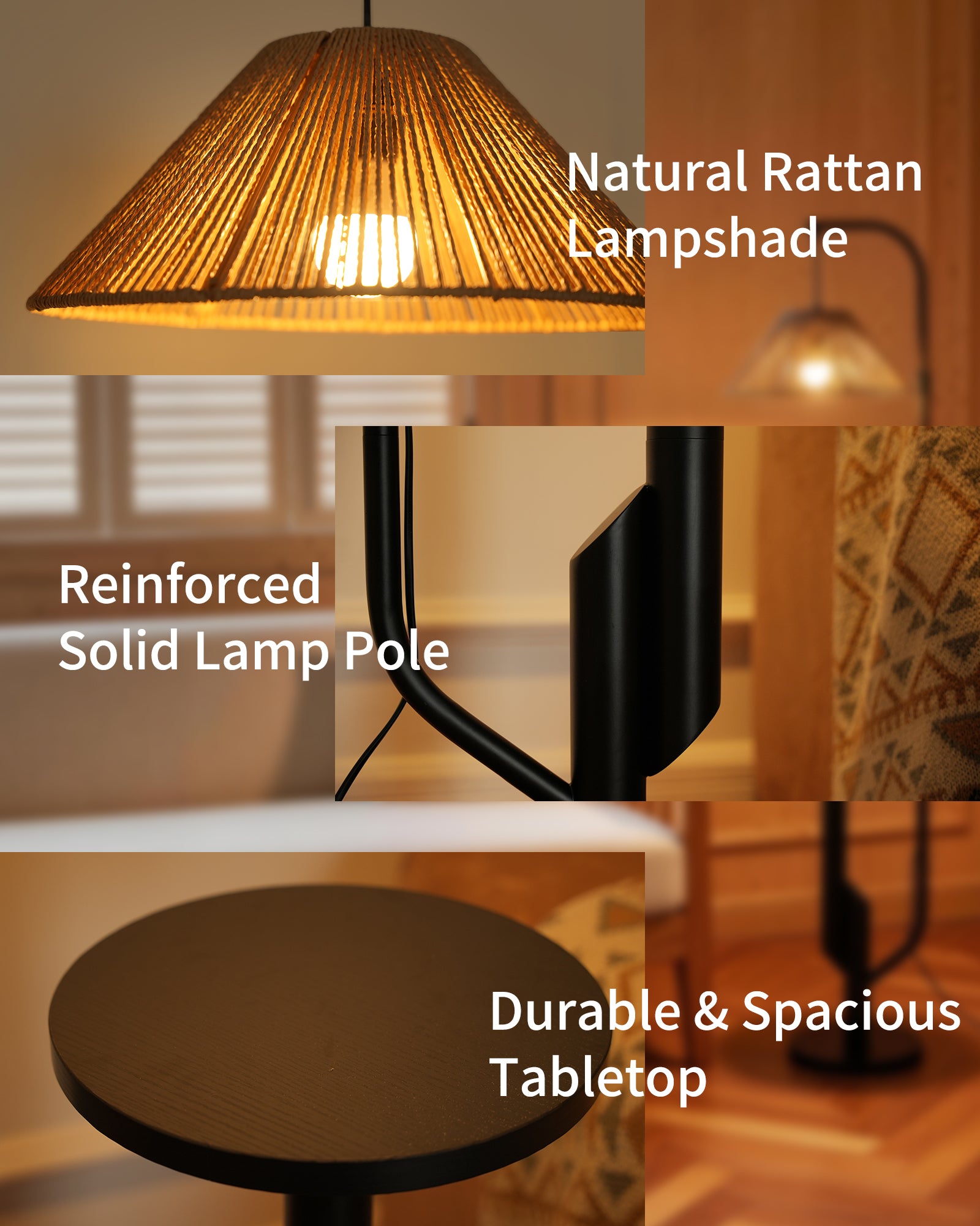 LuminexDesigns Stehlampe Wohnzimmer Rattan mit Ablage – Boho Stehleuchte E27 mit gewebtem Lampenschirm, 3 Farbtemperaturen einstellbar per Fußschalter, 175cm hoch für Schlafzimmer Ecke