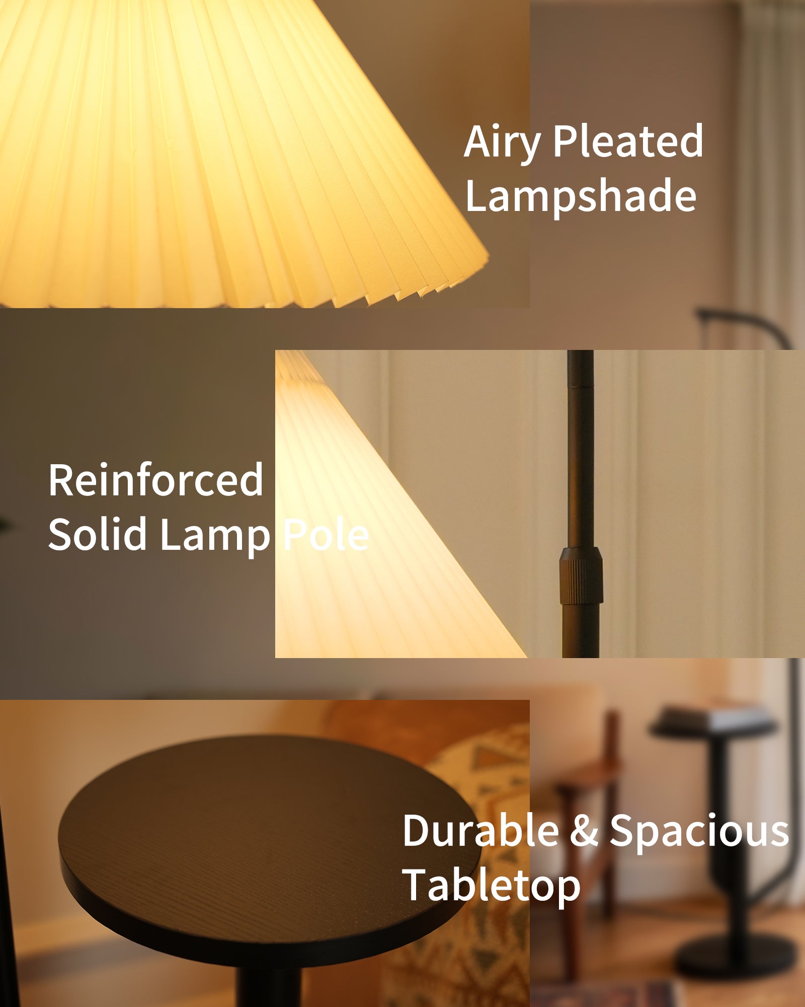 LuminexDesigns Stehlampe Wohnzimmer Modern mit Ablage – Skandinavische Stehleuchte E27 mit Weiß Lampenschirm, 3 Farbtemperaturen einstellbar per Fußschalter, 175cm hoch für Schlafzimmer Ecke