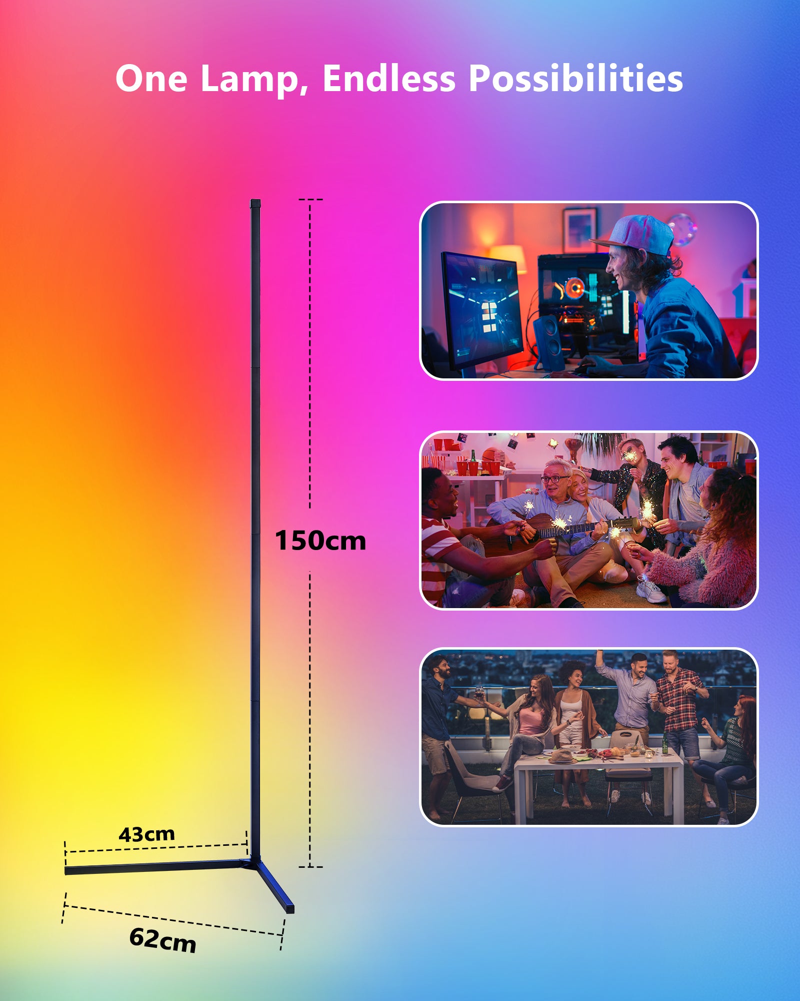 Dimmbare LED Stehleuchte 150cm abnehmbar schwarz mit RGBIC – 16 Millionen Farben, Musikmodus, Timer &amp; 300 Szenenmodi für die perfekte Wohnzimmerbeleuchtung