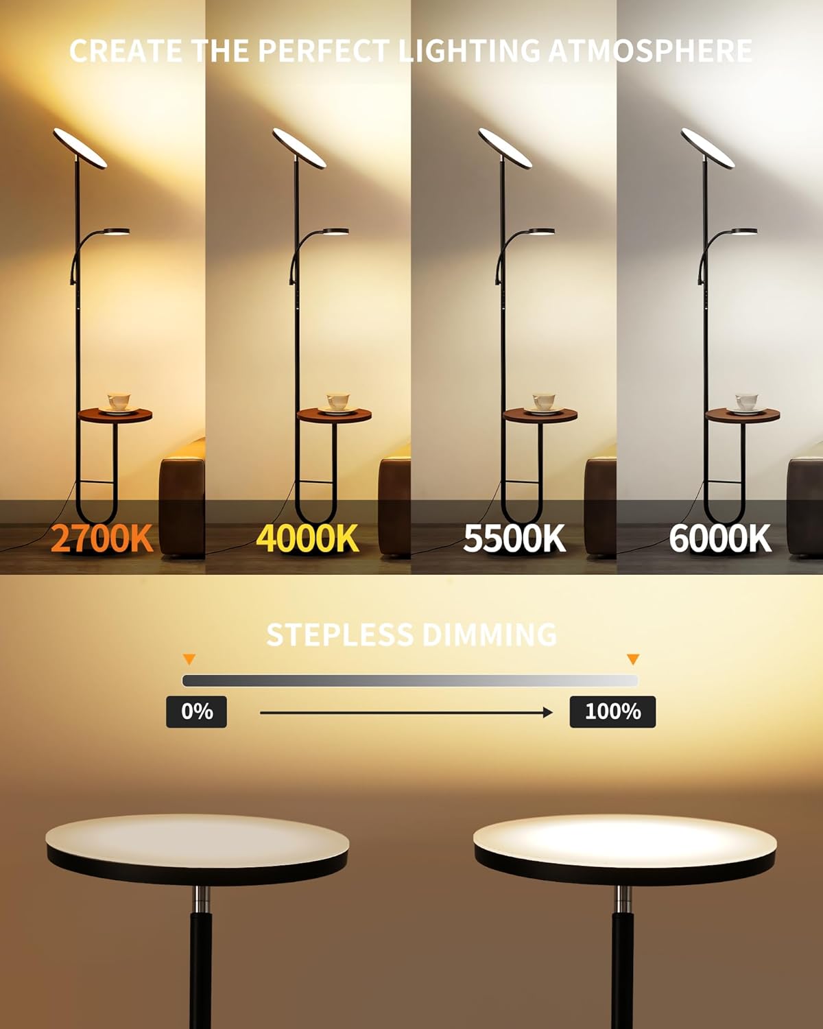 LED Uplighter Floor Lamp with Table & Reading Light