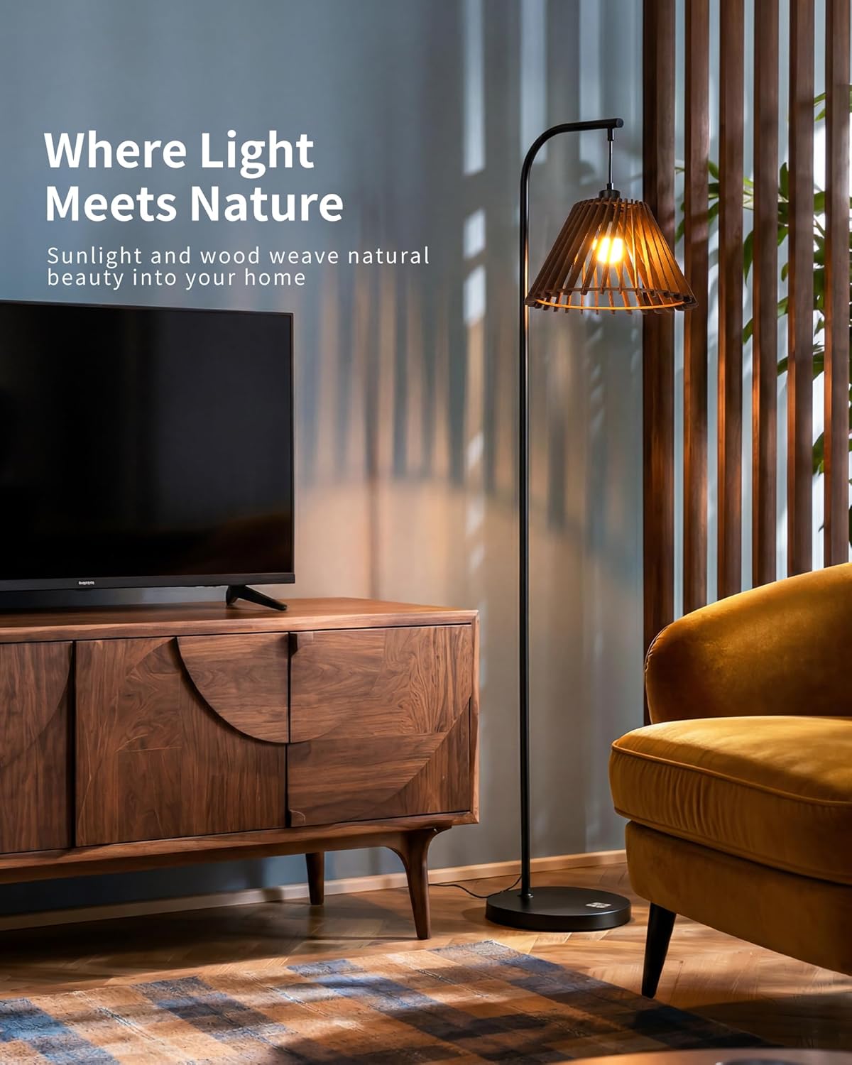 Vintage Floor Lamp with Wooden Shade for Living Room
