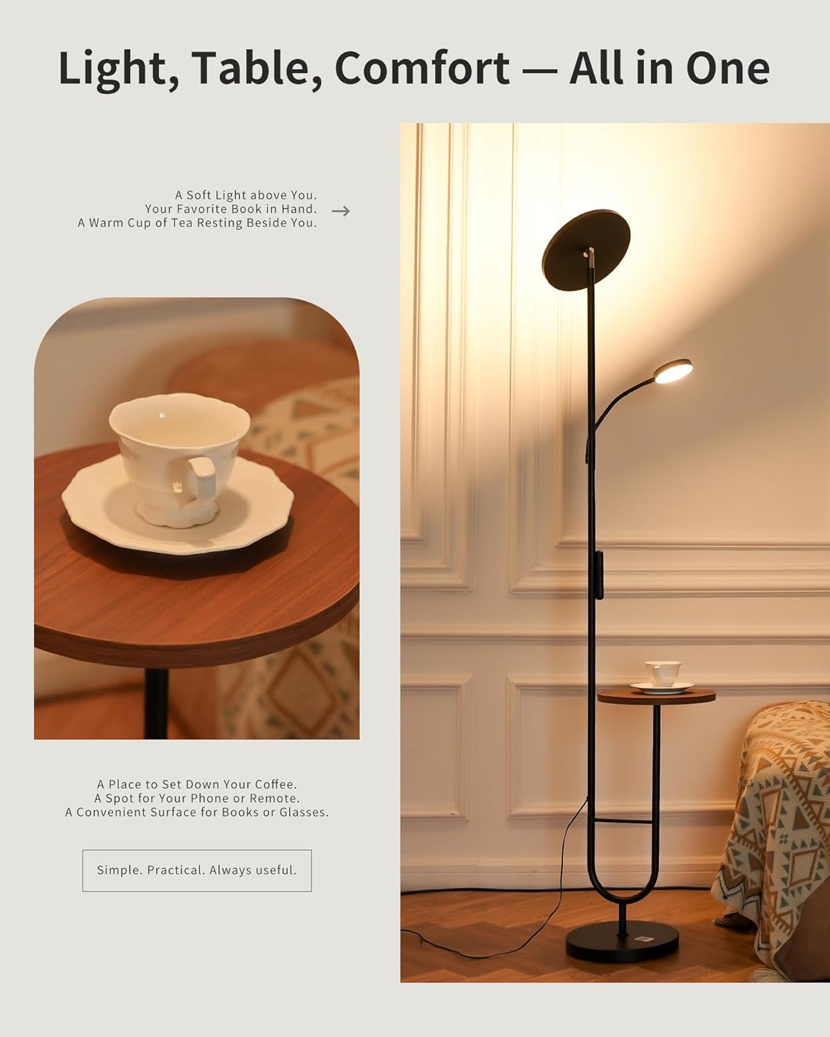 LED Uplighter Floor Lamp with Table & Reading Light