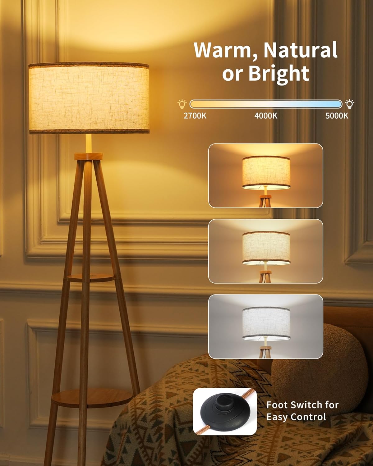 Tripod Floor Lamp with Linen Lampshade