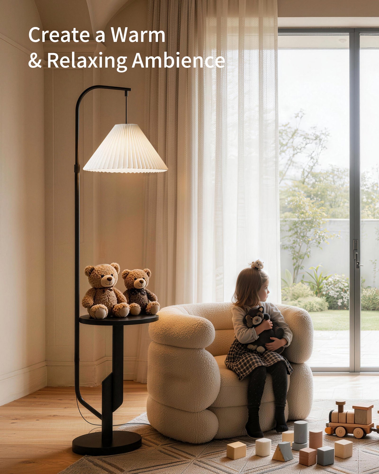 LuminexDesigns Stehlampe Wohnzimmer Modern mit Ablage – Skandinavische Stehleuchte E27 mit Weiß Lampenschirm, 3 Farbtemperaturen einstellbar per Fußschalter, 175cm hoch für Schlafzimmer Ecke