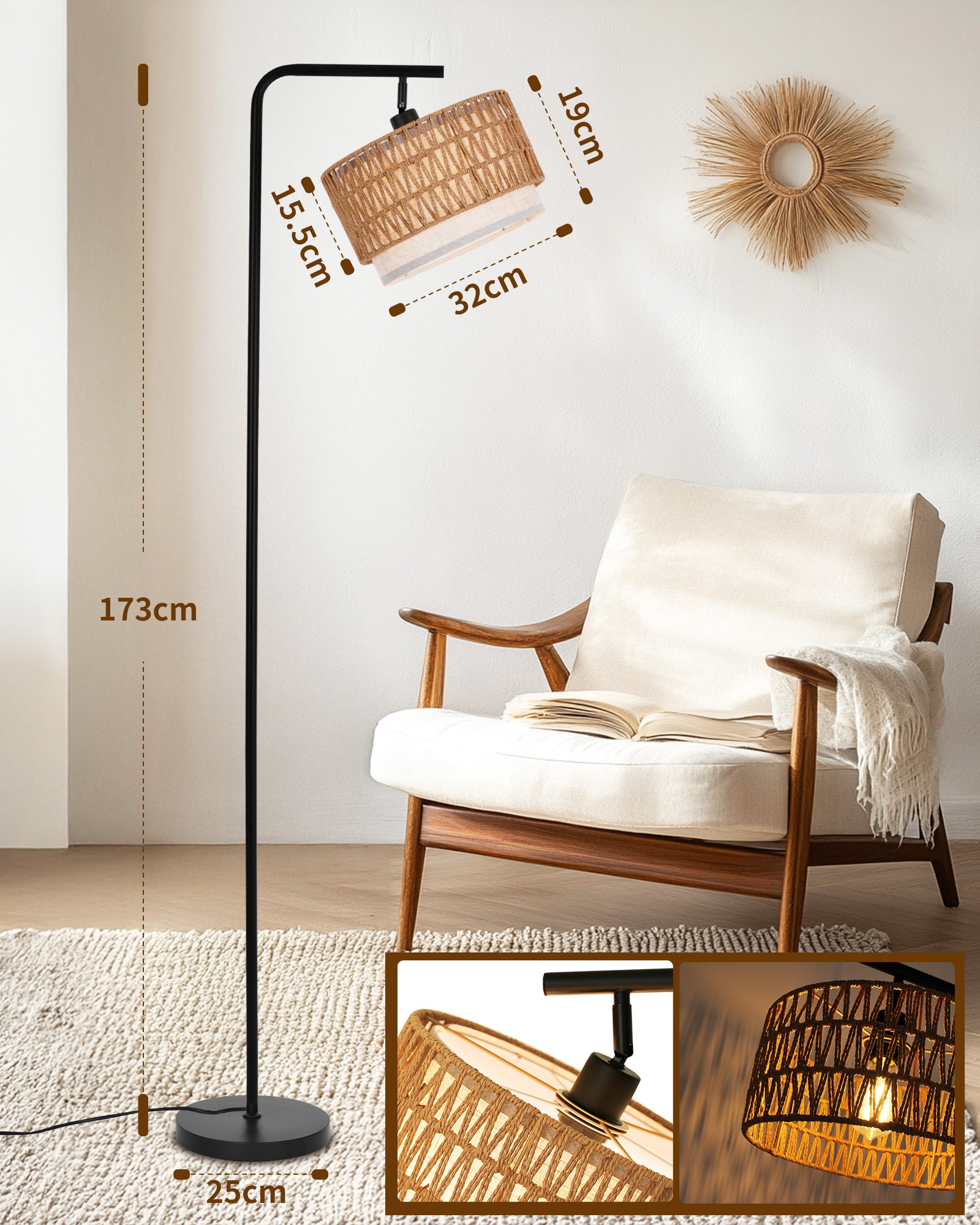 Rattan Floor Lamp Boho Floor Lamps for Living Room with Rattan & Fabric Shades, Foot Switch Control, Easy Assembly Tall Black Floor Lamp for Bedroom Office, Bulb not Included