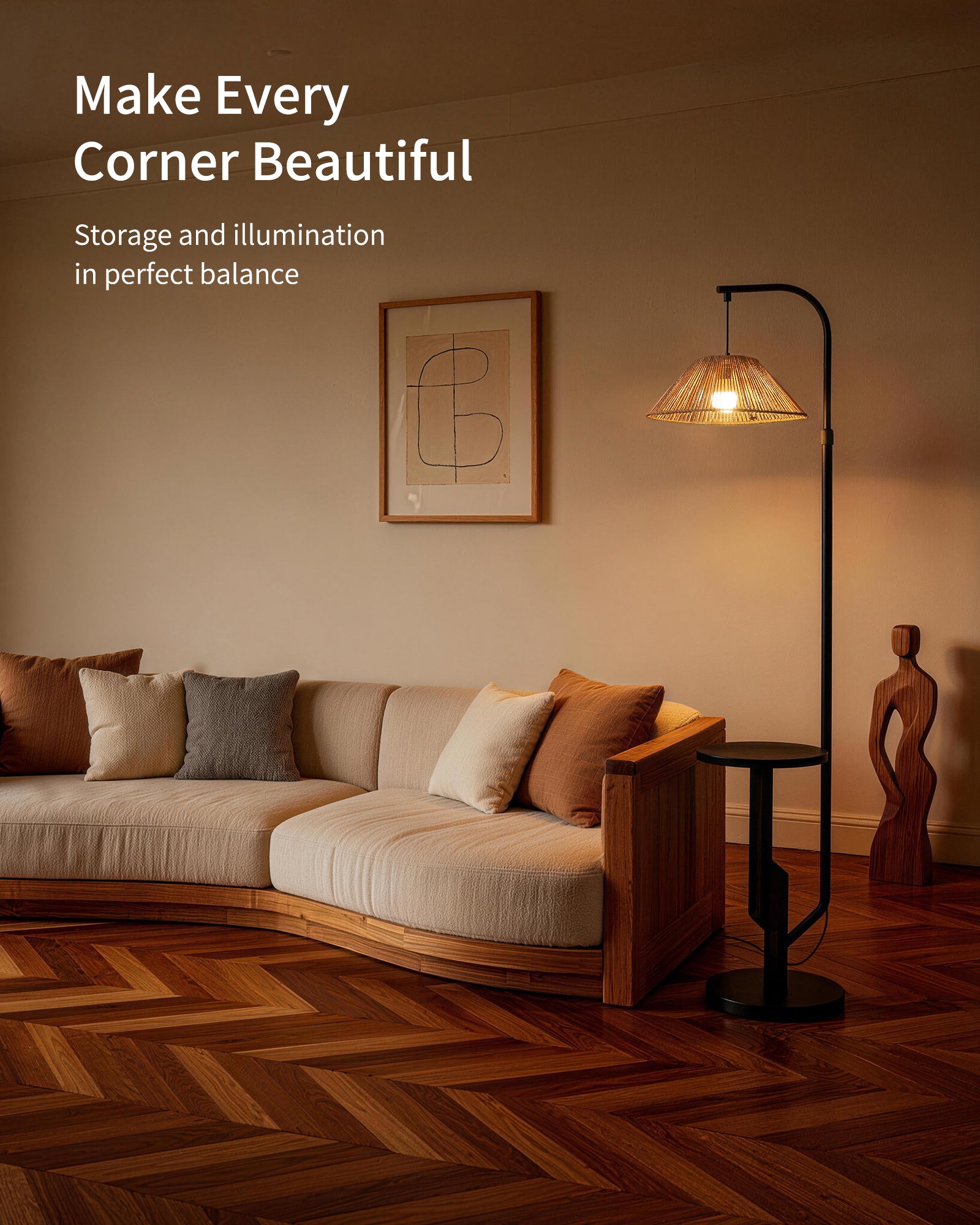 LuminexDesigns Stehlampe Wohnzimmer Rattan mit Ablage – Boho Stehleuchte E27 mit gewebtem Lampenschirm, 3 Farbtemperaturen einstellbar per Fußschalter, 175cm hoch für Schlafzimmer Ecke