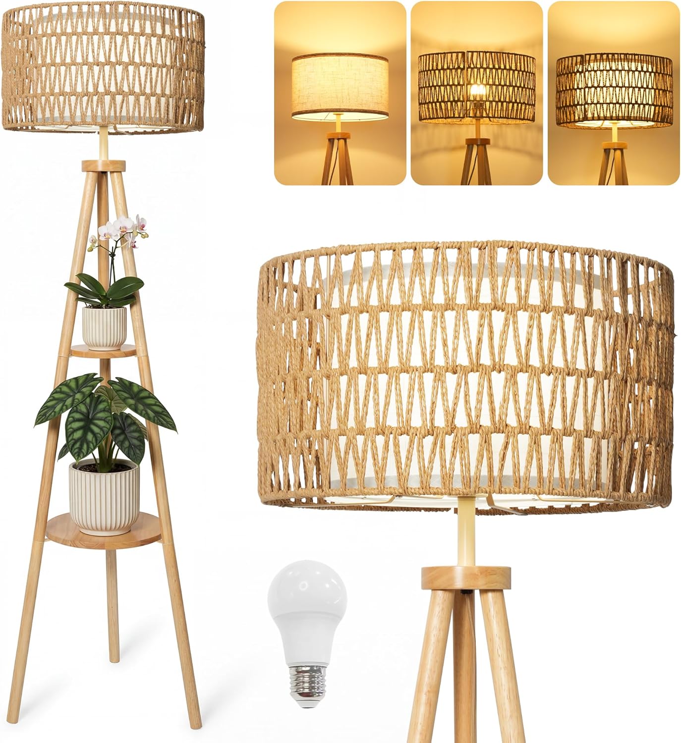 Tripod Floor Lamp with 2er Linen Lampshade