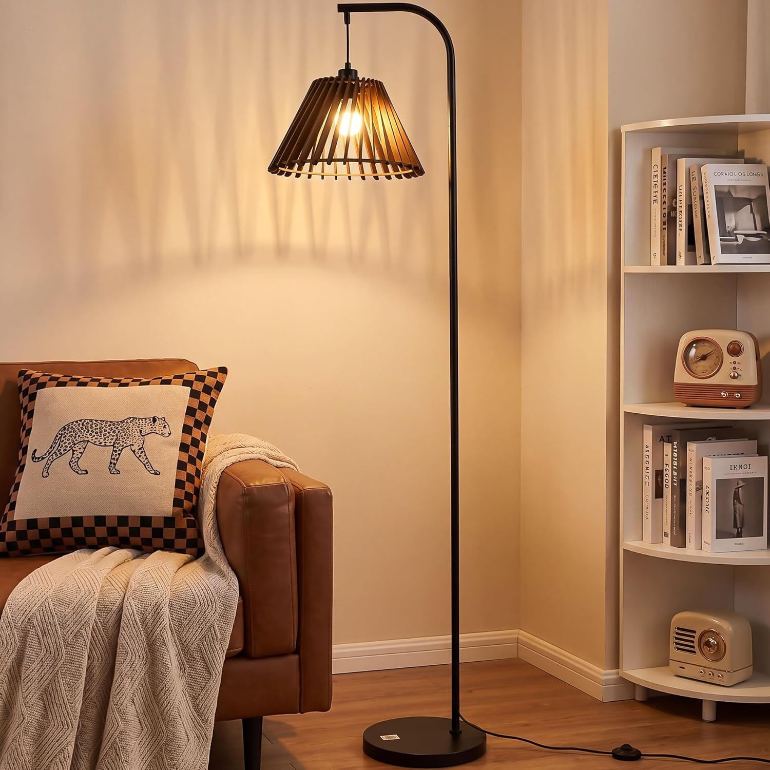 Vintage Floor Lamp with Wooden Shade for Living Room