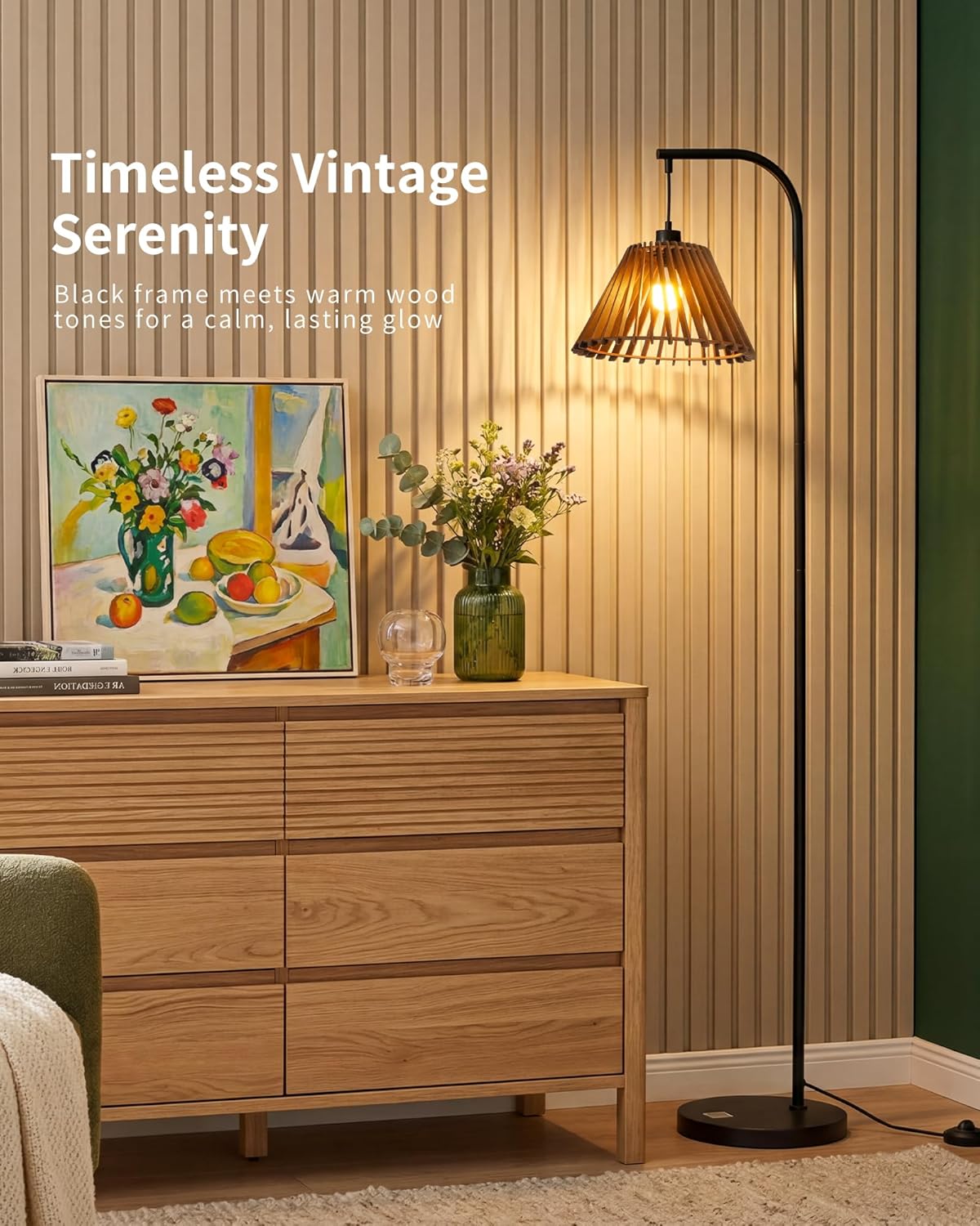 Vintage Floor Lamp with Wooden Shade for Living Room